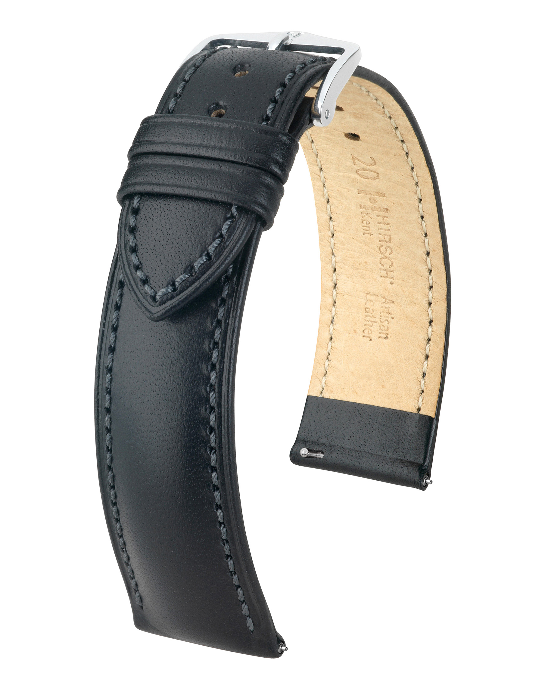 Schwarzes Leder-Uhrenarmband mit silberner Schnalle. Beige Innenseite mit Branding. Weißer Hintergrund.