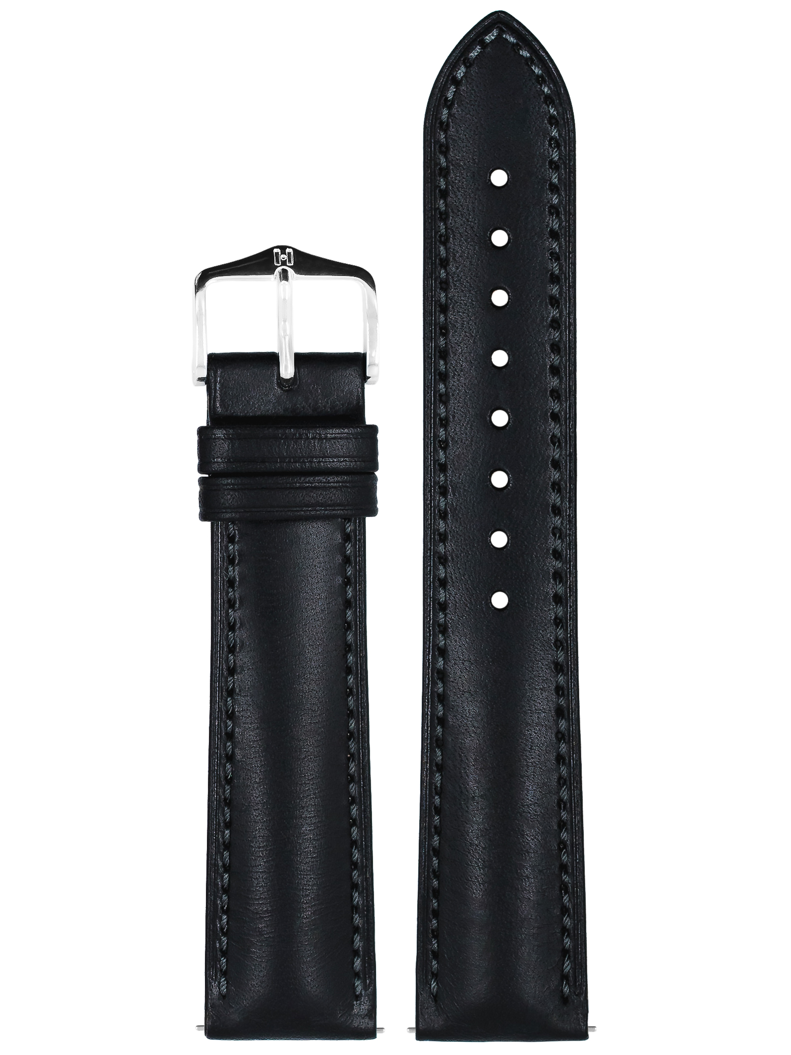 Schwarzes Leder-Uhrenarmband, Schnalle links, langer Riemen rechts. Weißer Hintergrund.