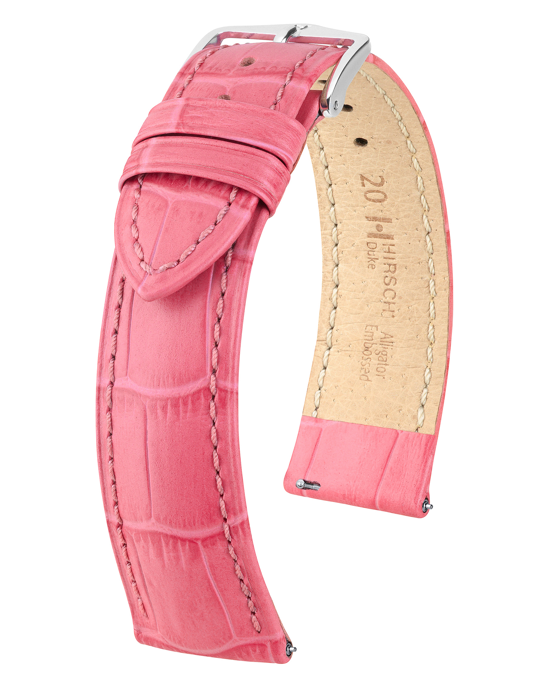 Rosa geprägtes Alligator-Uhrenarmband mit silberner Schnalle. Beige Innenseite mit Branding. Weißer Hintergrund.