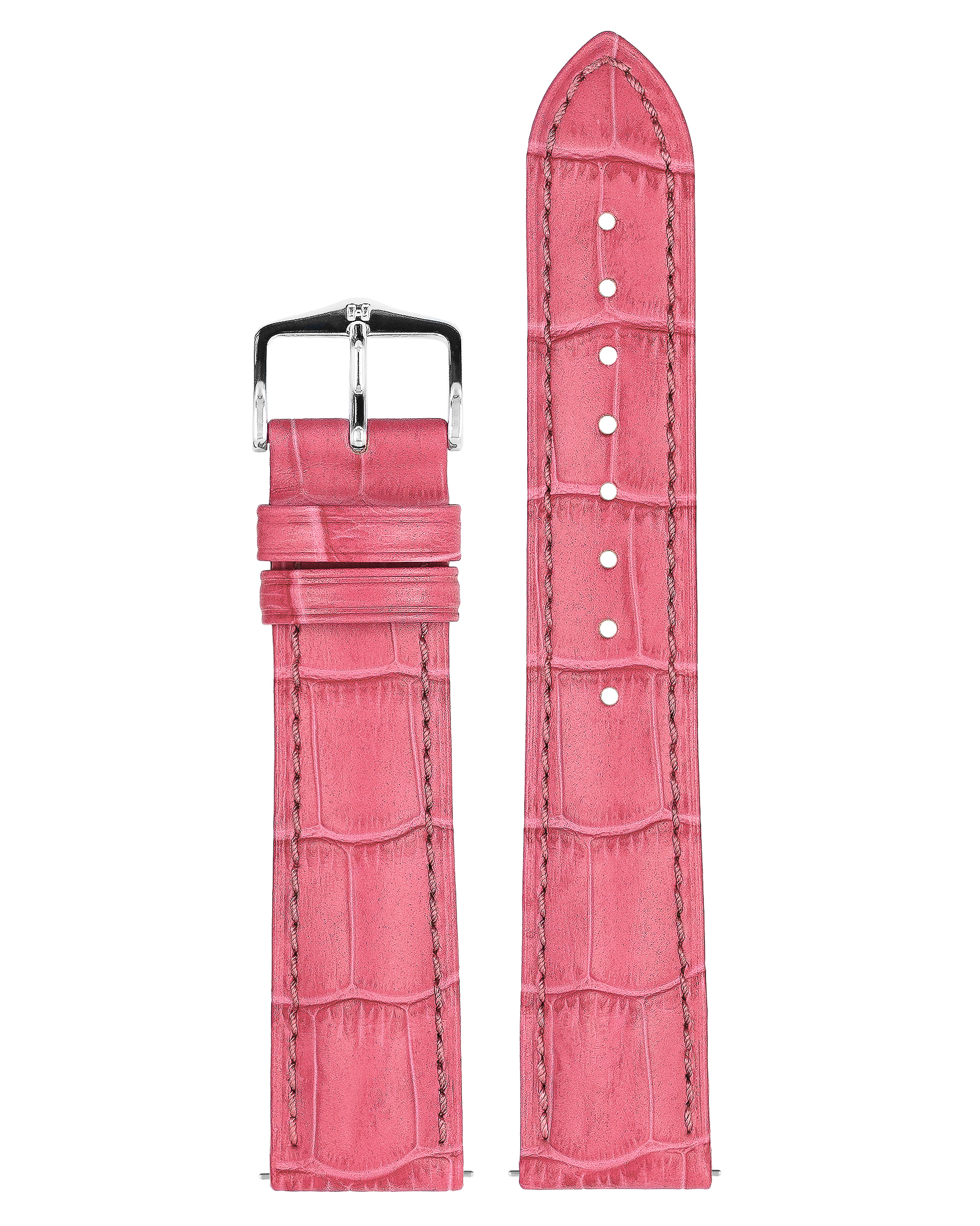 Rosa geprägtes Alligator-Uhrenarmband, Schnalle links, langer Riemen rechts. Weißer Hintergrund.