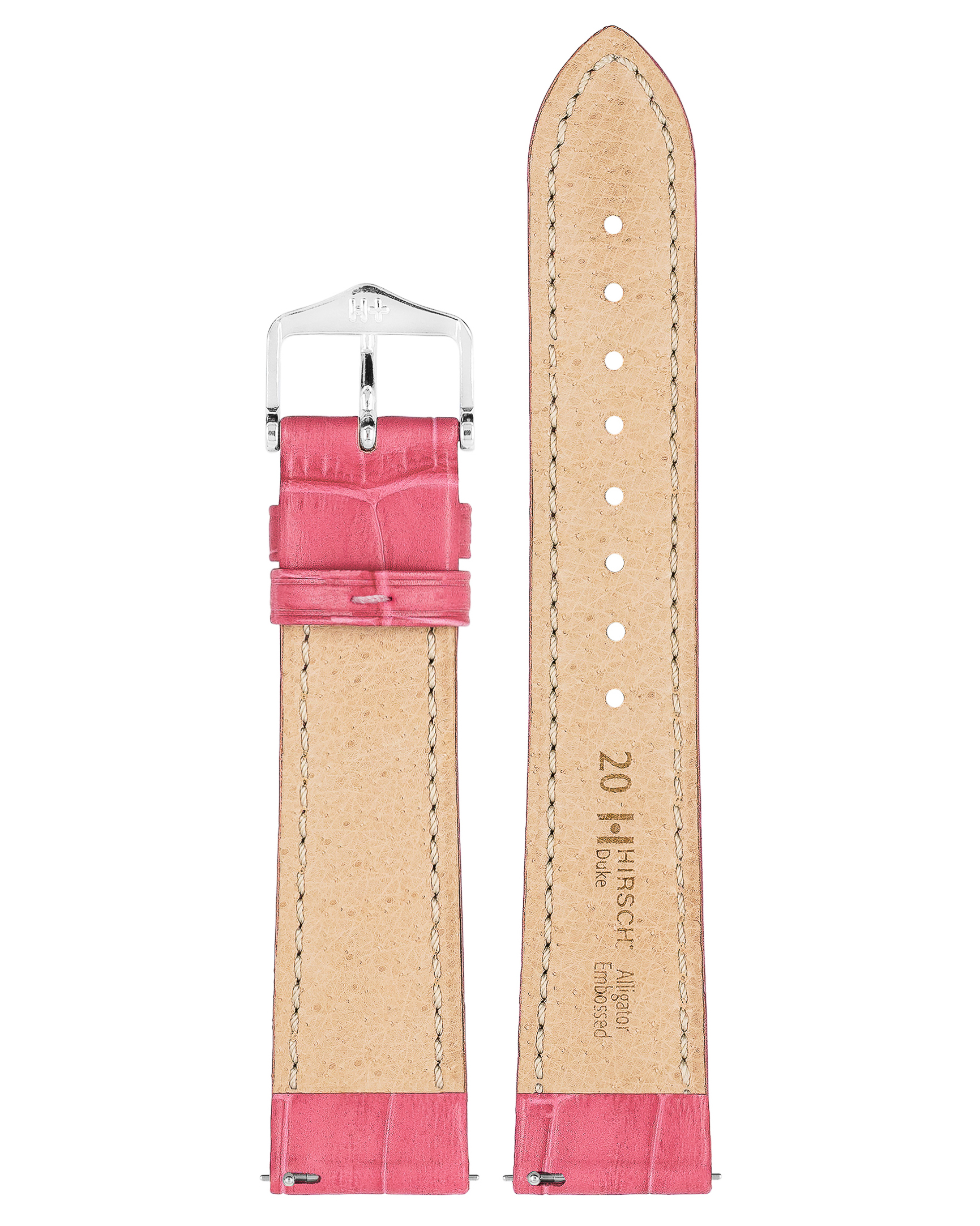 Rosa geprägtes Alligator-Uhrenarmband mit silberner Schnalle. Beige Innenseite mit Branding. Weißer Hintergrund.