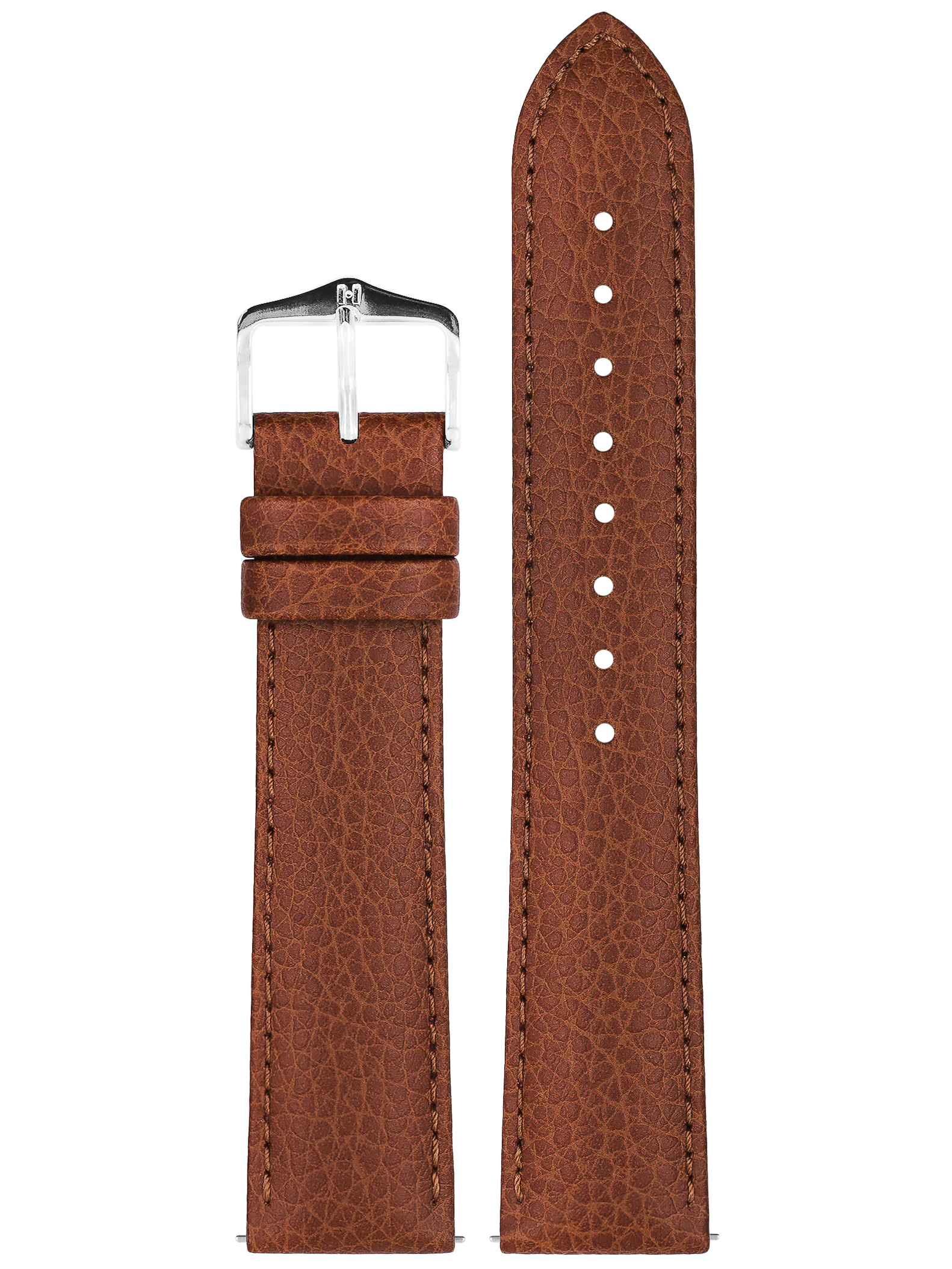 Braunes, strukturiertes Leder-Uhrenarmband, Schnalle links, langer Riemen rechts. Weißer Hintergrund.