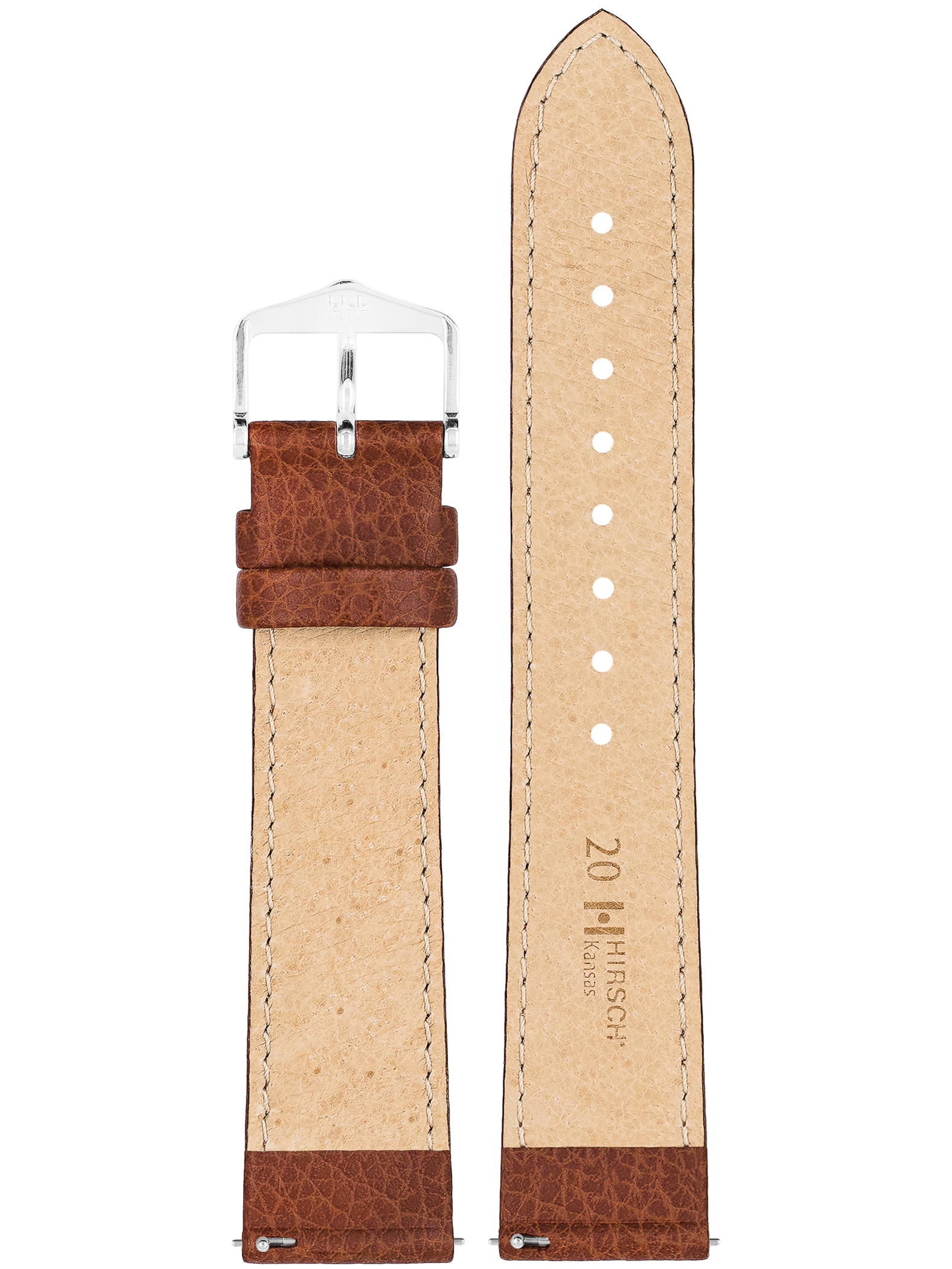 Braunes, strukturiertes Leder-Uhrenarmband mit silberner Schnalle. Beige Innenseite mit Branding. Weißer Hintergrund.