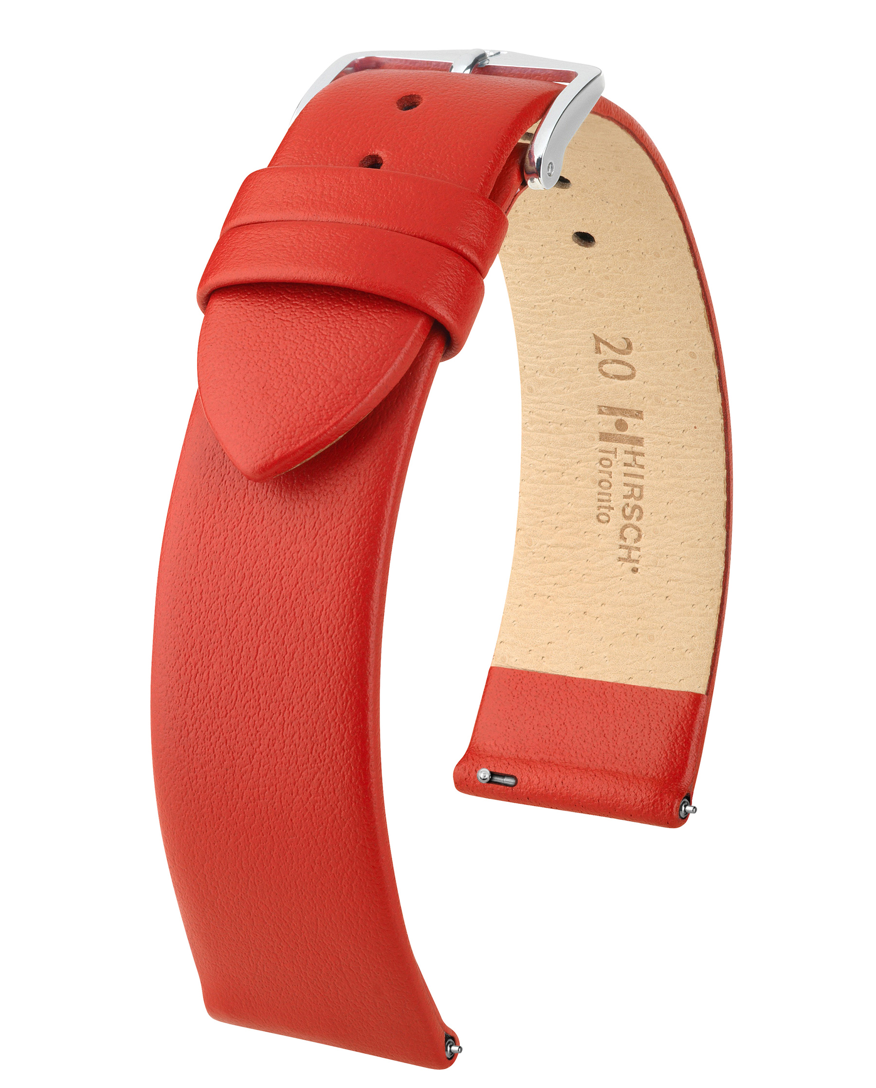 Rotes Leder-Uhrenarmband mit silberner Schnalle, beige Innenseite. Weißer Hintergrund.