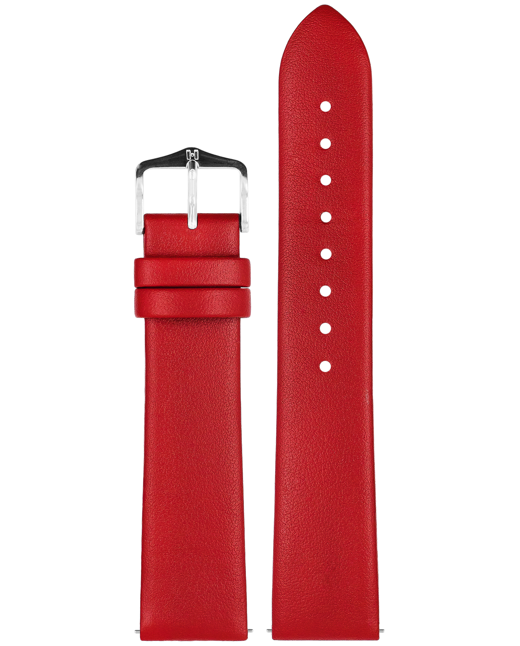 Rotes Leder-Uhrenarmband, Schnalle links, langer Riemen rechts. Weißer Hintergrund.