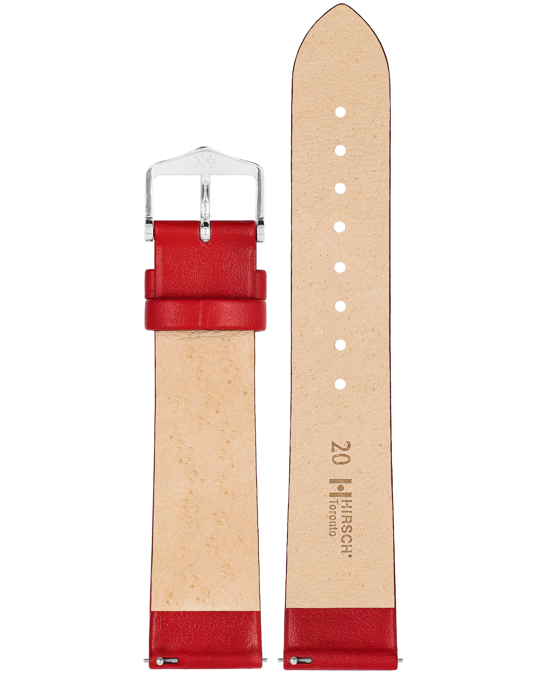 Rotes Leder-Uhrenarmband mit silberner Schnalle. Beige Innenseite mit Branding. Weißer Hintergrund.