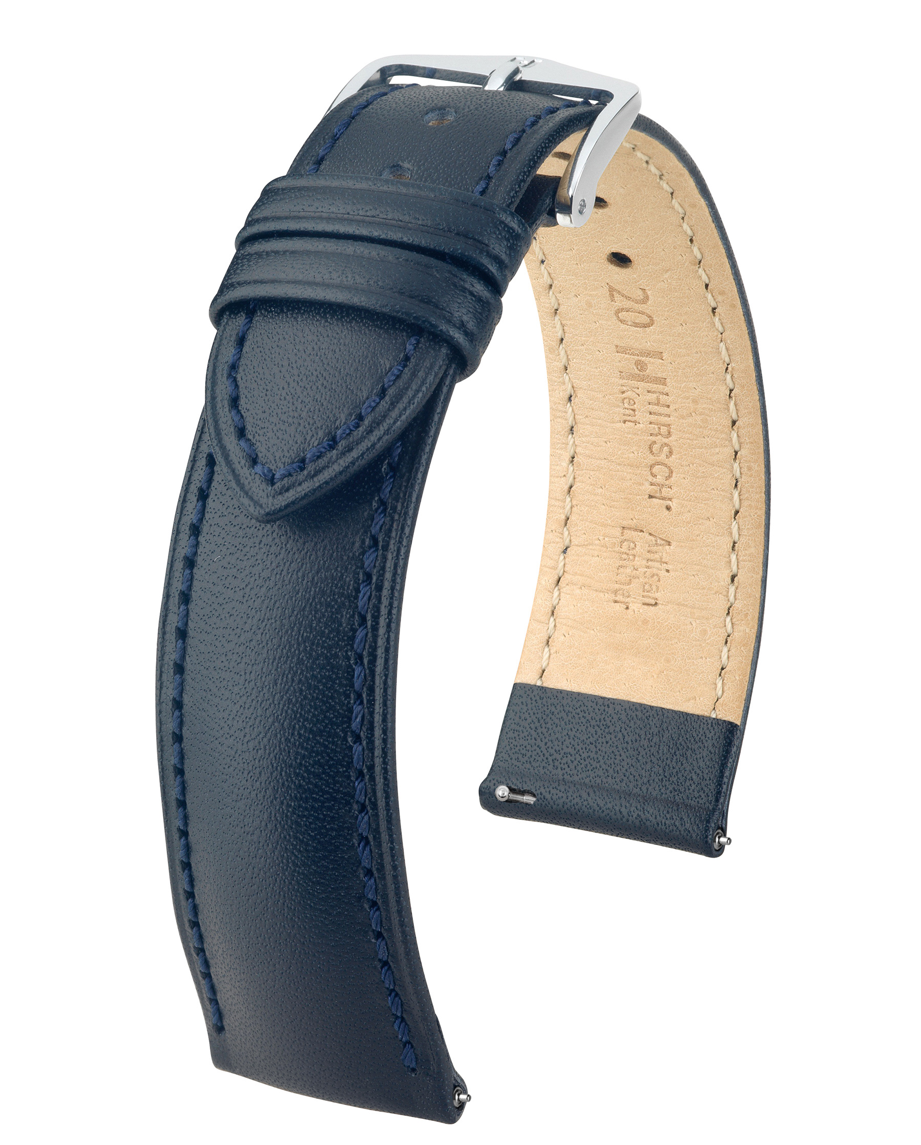 Marineblaues Leder-Uhrenarmband mit silberner Schnalle, beige Innenseite. Weißer Hintergrund.