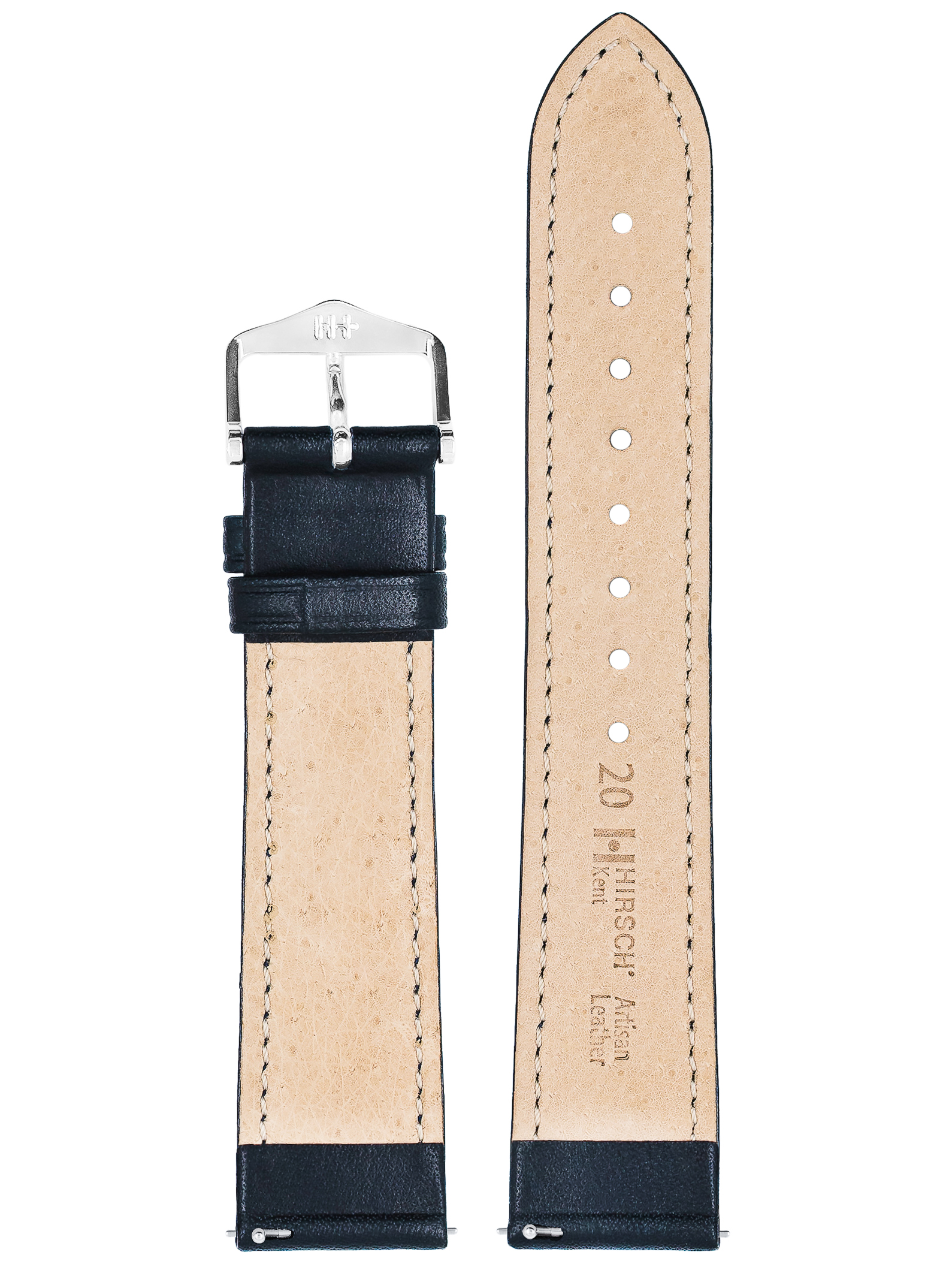 Ein marineblaues Lederarmband mit silberner Schnalle vor weißem Hintergrund.