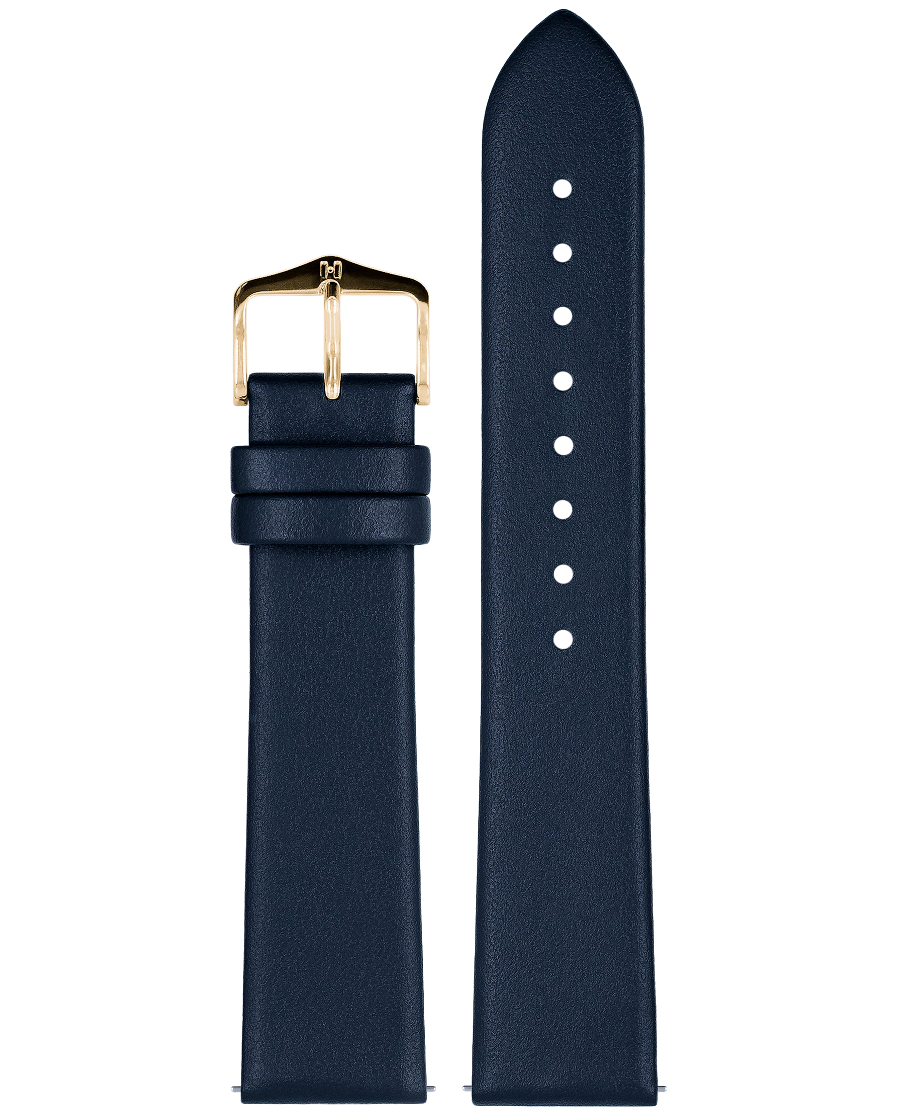 Ein marineblaues Lederarmband mit goldener Schnalle, isoliert auf weißem Hintergrund.