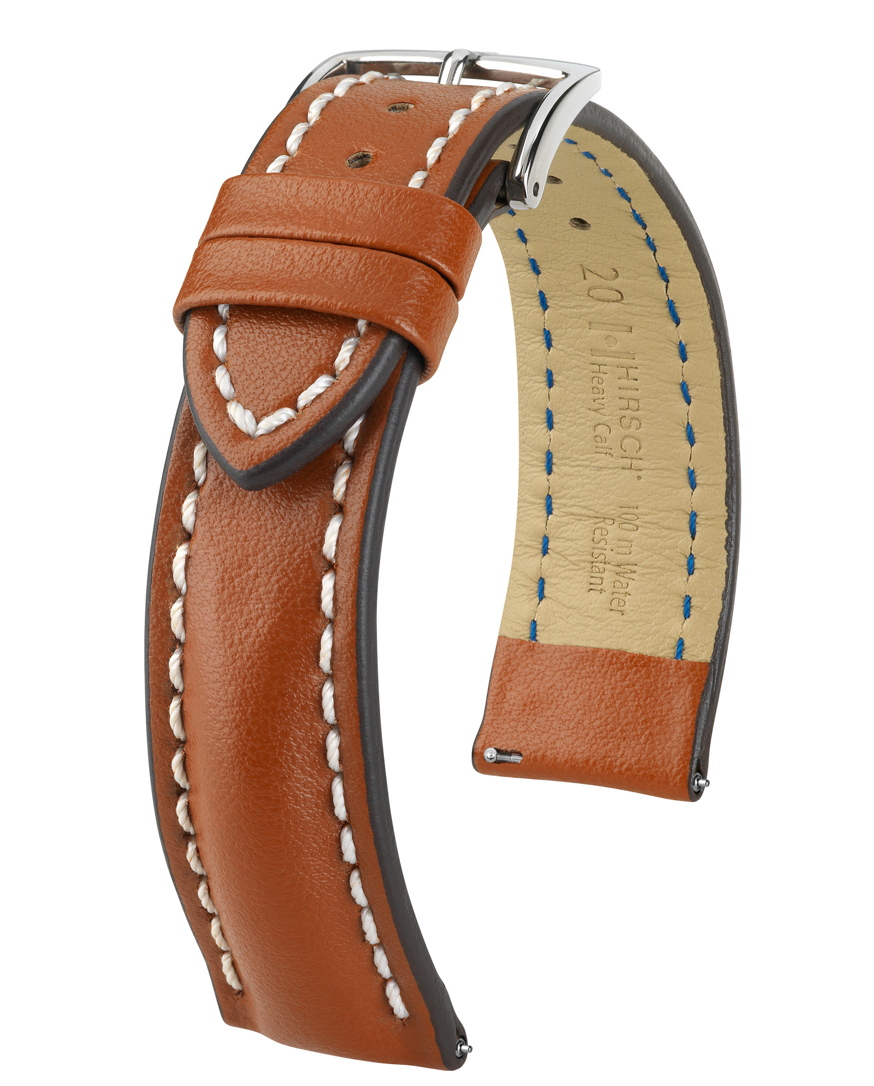 Braunes Lederarmband mit weißen Nähten und silberner Schnalle auf weißem Grund.