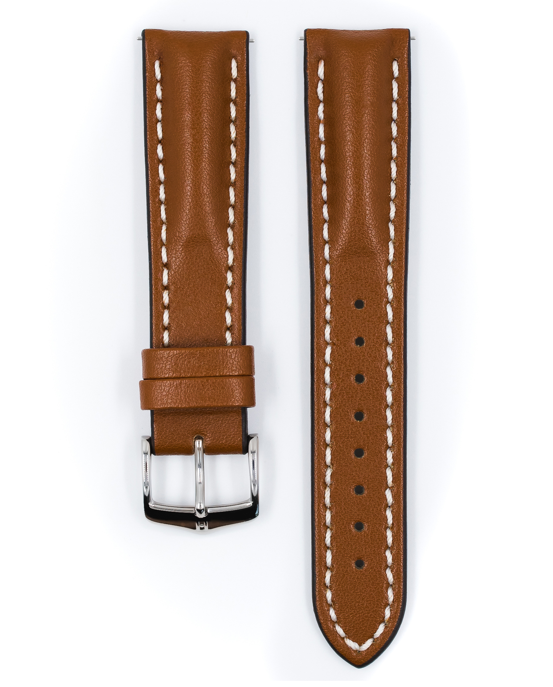 Braunes Lederarmband mit weißen Nähten und silberner Schnalle auf weißem Hintergrund.
