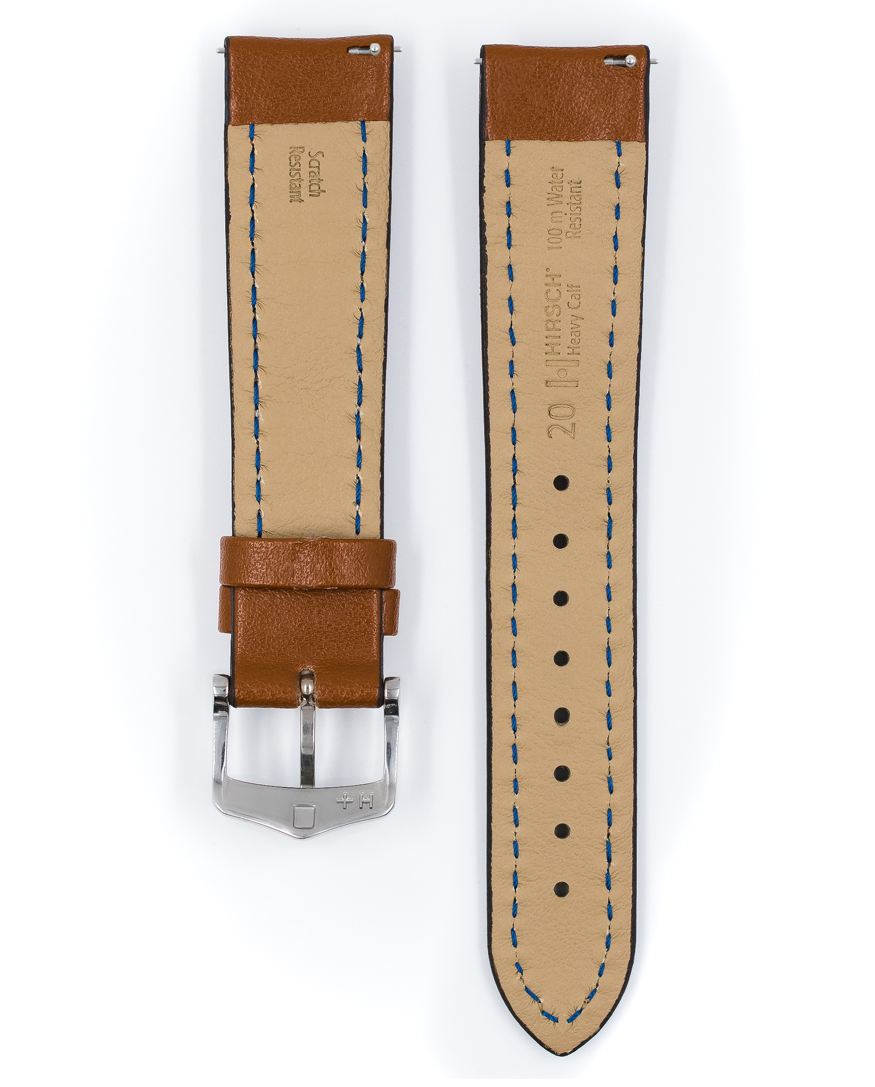Braunes Lederarmband mit blauen Nähten und silberner Schnalle auf weißem Hintergrund.