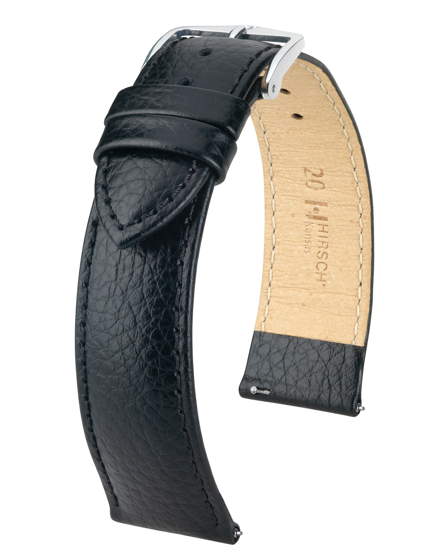 Schwarzes Lederarmband mit silberner Schnalle auf weißem Hintergrund.