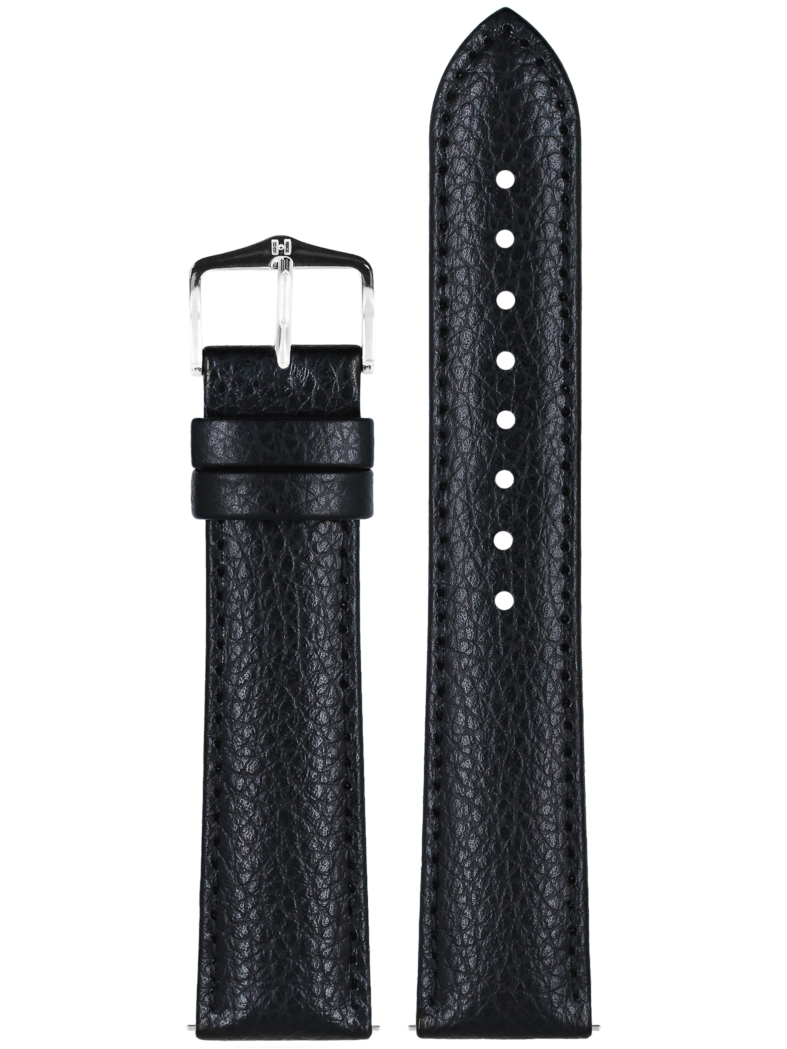 Schwarzes Lederarmband mit silberner Schnalle auf weißem Hintergrund.