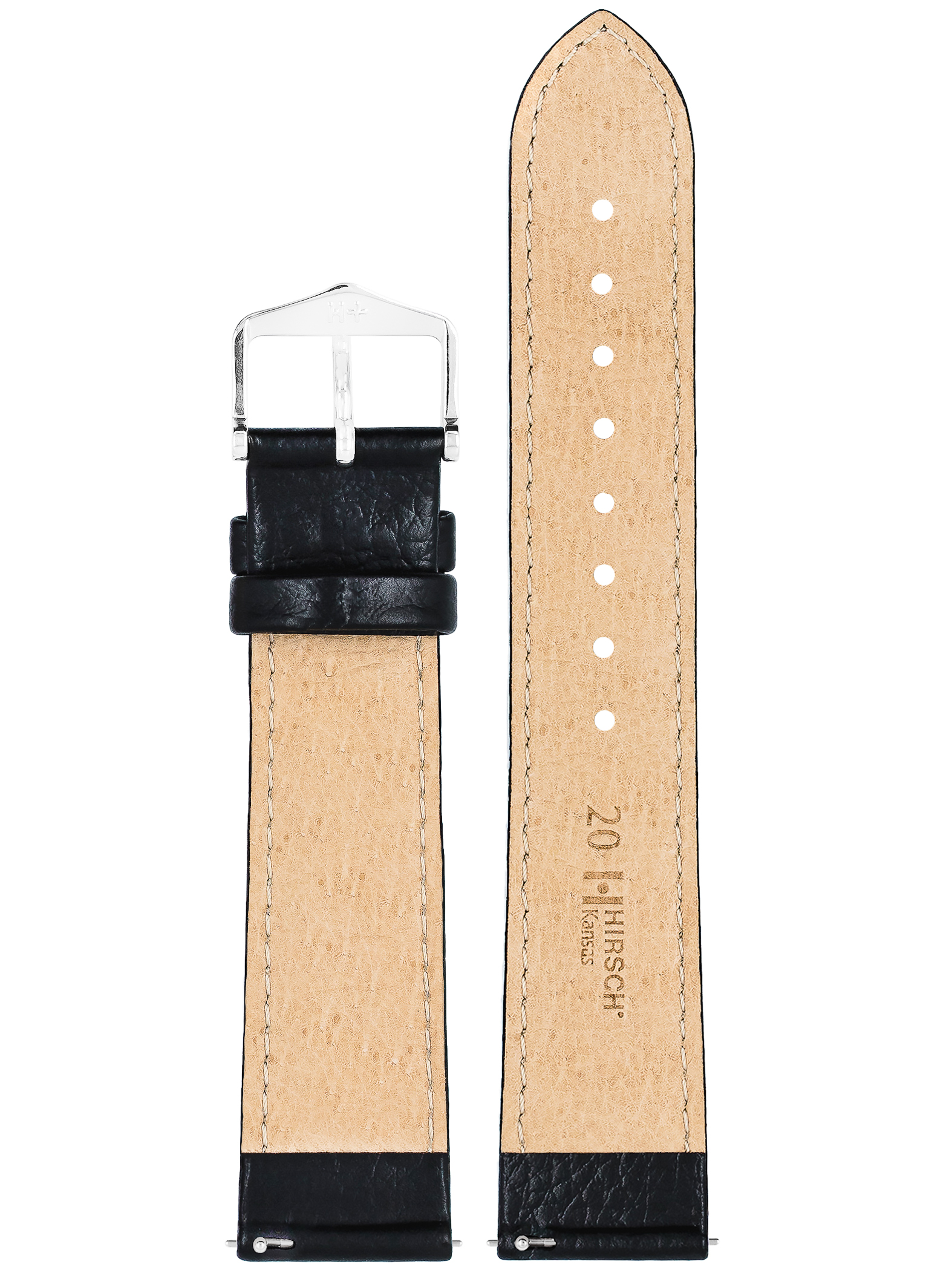 Schwarzes Leder-Uhrenarmband mit silberner Schnalle. Ein Teil ist abgetrennt. Beige Innenseite.
