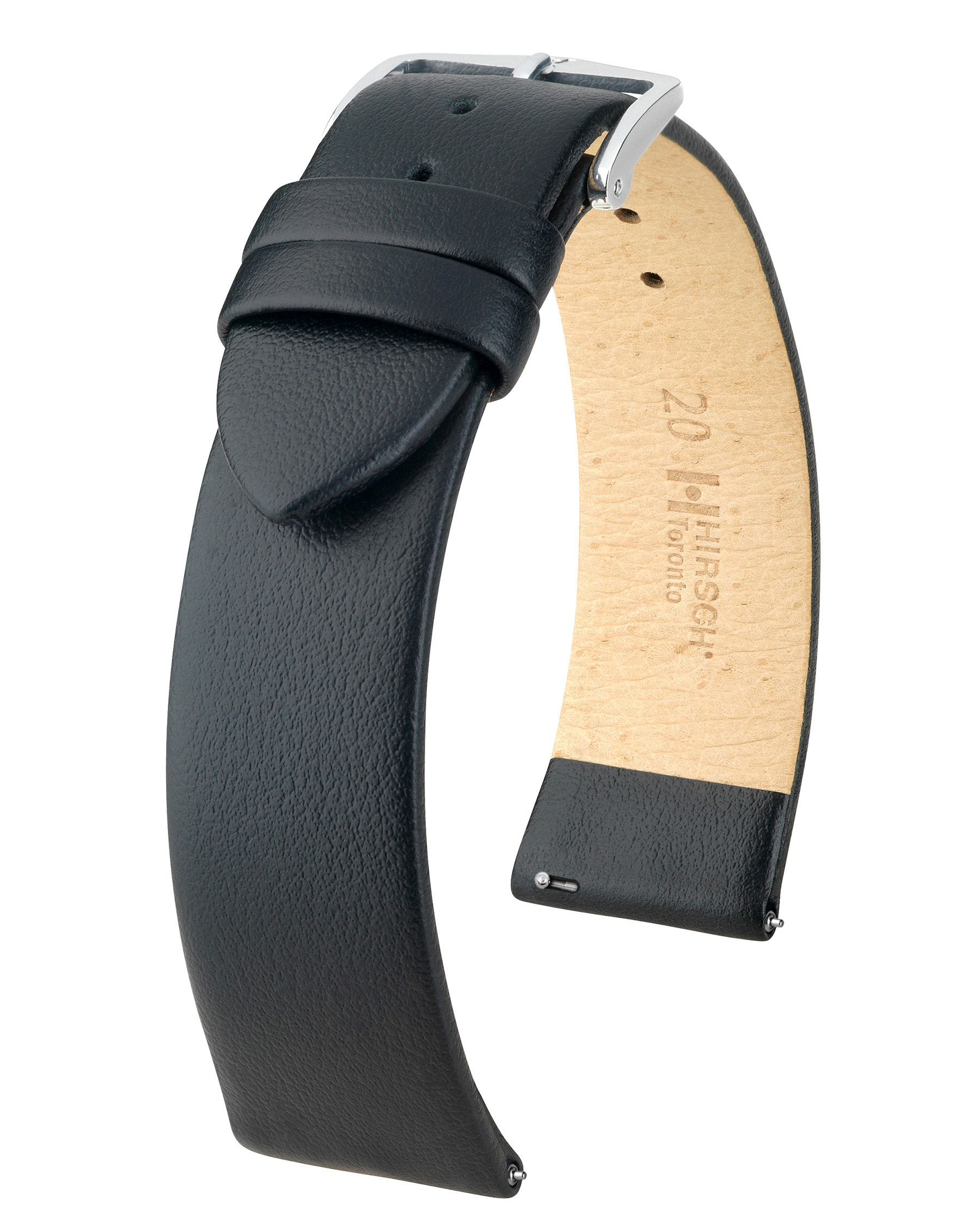 Schwarzes Leder-Uhrenarmband. Silberne Schnalle. Das Armband ist gebogen. Beige Innenseite.