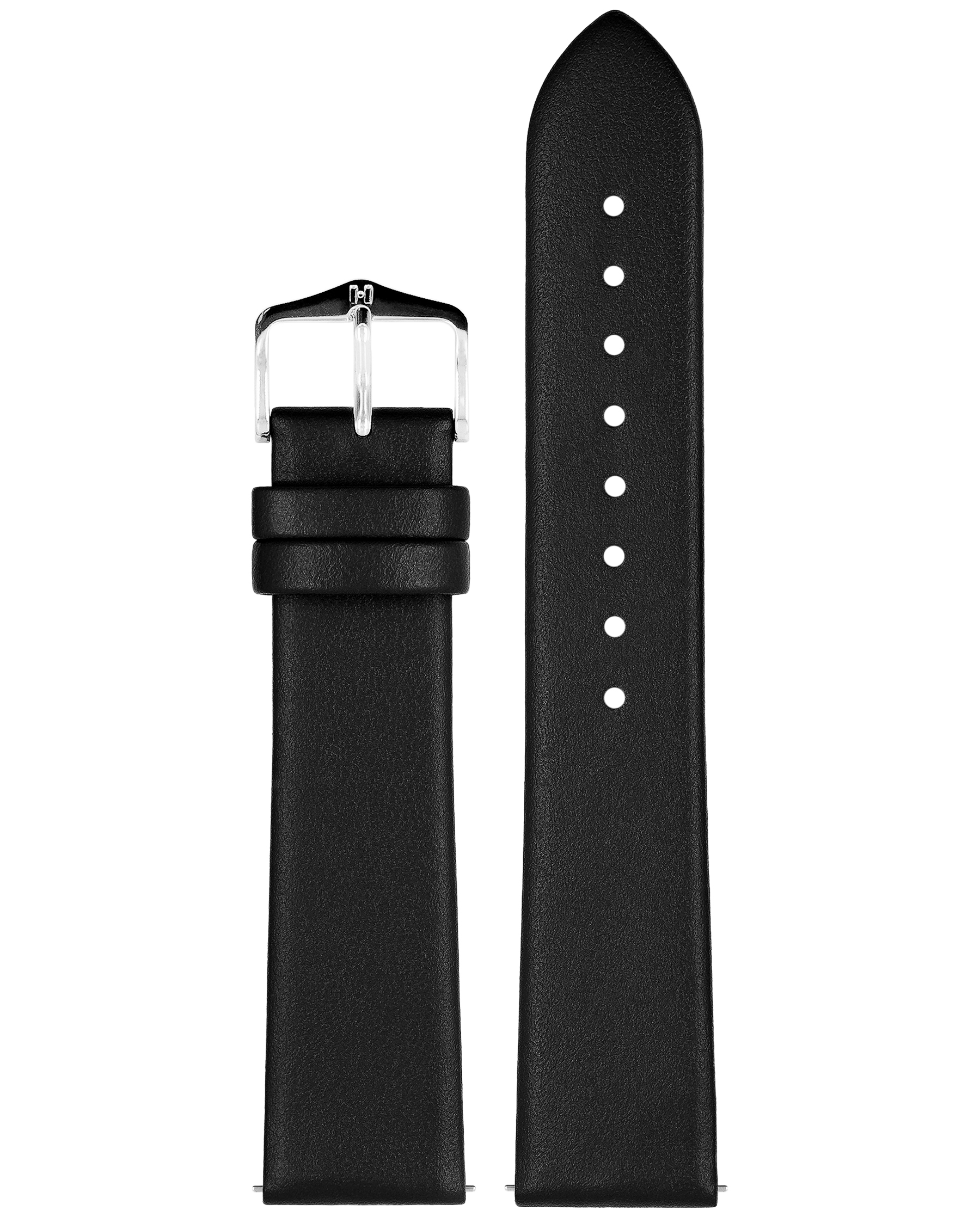 Schwarzes Leder-Uhrenarmband mit silberner Schnalle. Ein Teil ist abgetrennt. Glatte, dunkle Lederfläche.