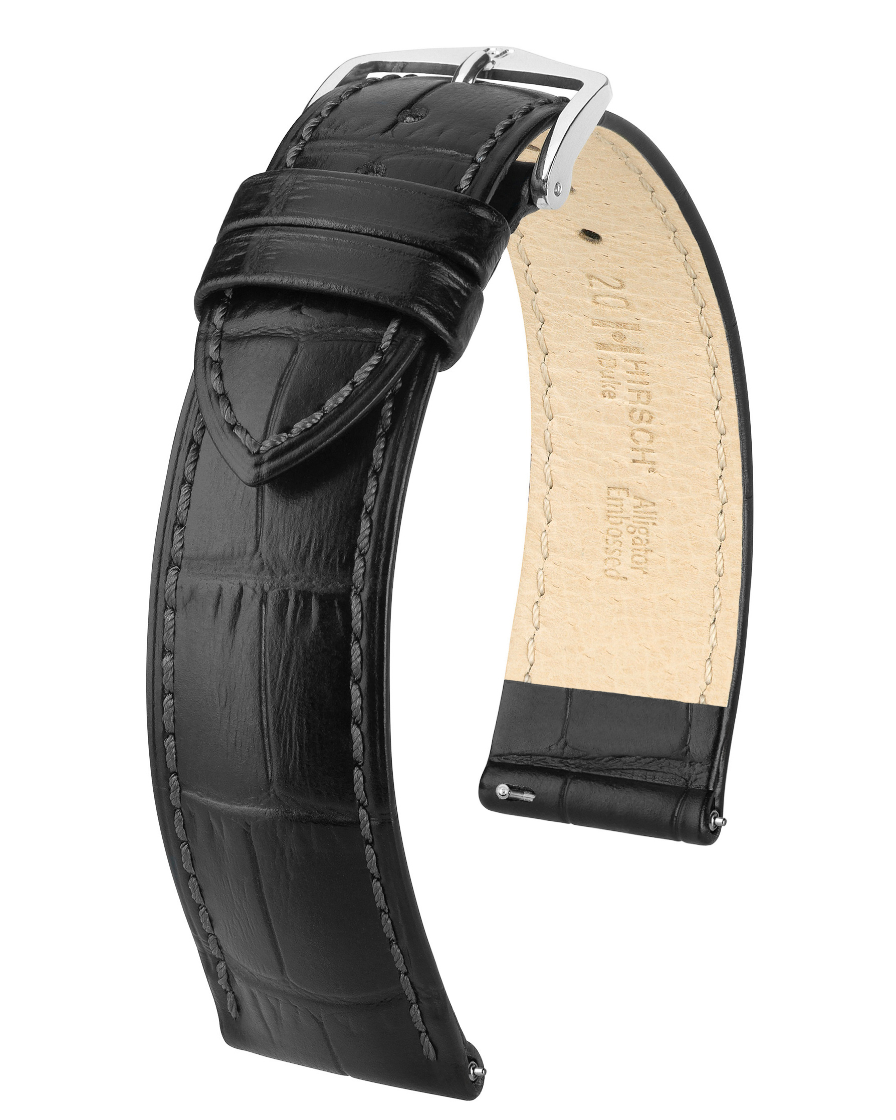 Schwarzes, geprägtes Alligator-Uhrenarmband. Silberne Schnalle. Gebogenes Design. Beige Innenseite.