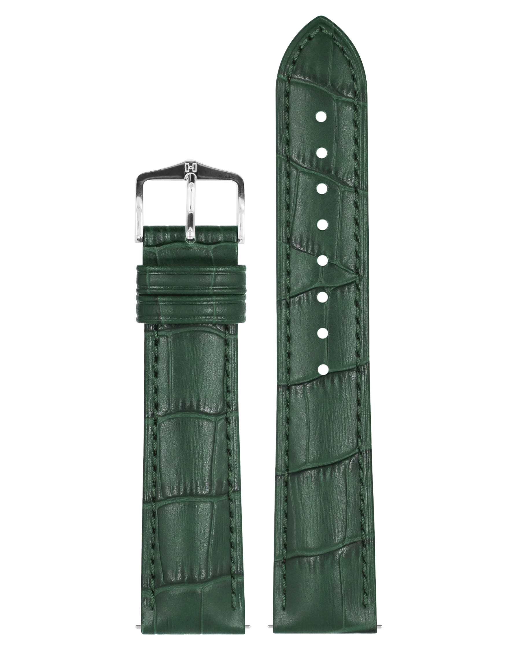Grünes, geprägtes Alligator-Uhrenarmband mit silberner Schnalle. Zweiteilig. Beige Innenseite.