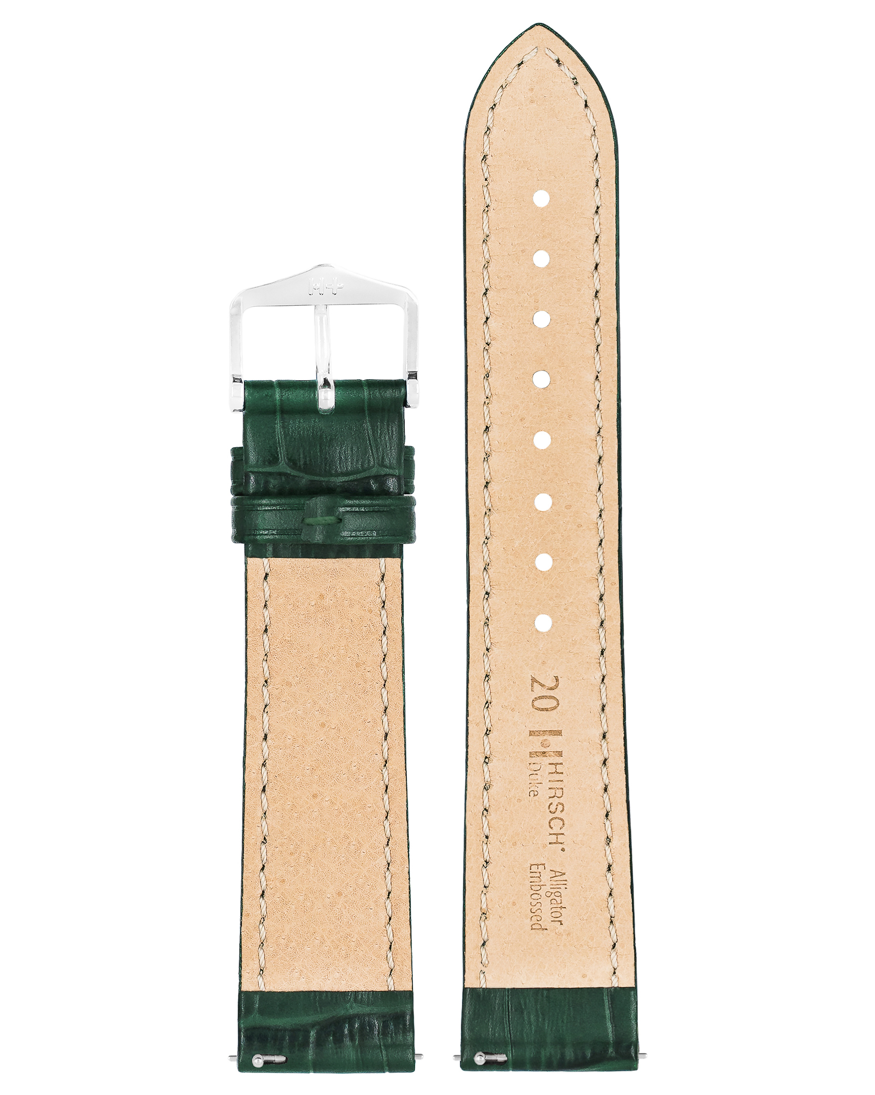 Grünes, geprägtes Alligator-Uhrenarmband. Silberne Schnalle. Beige Innenseite. Zweiteilig.