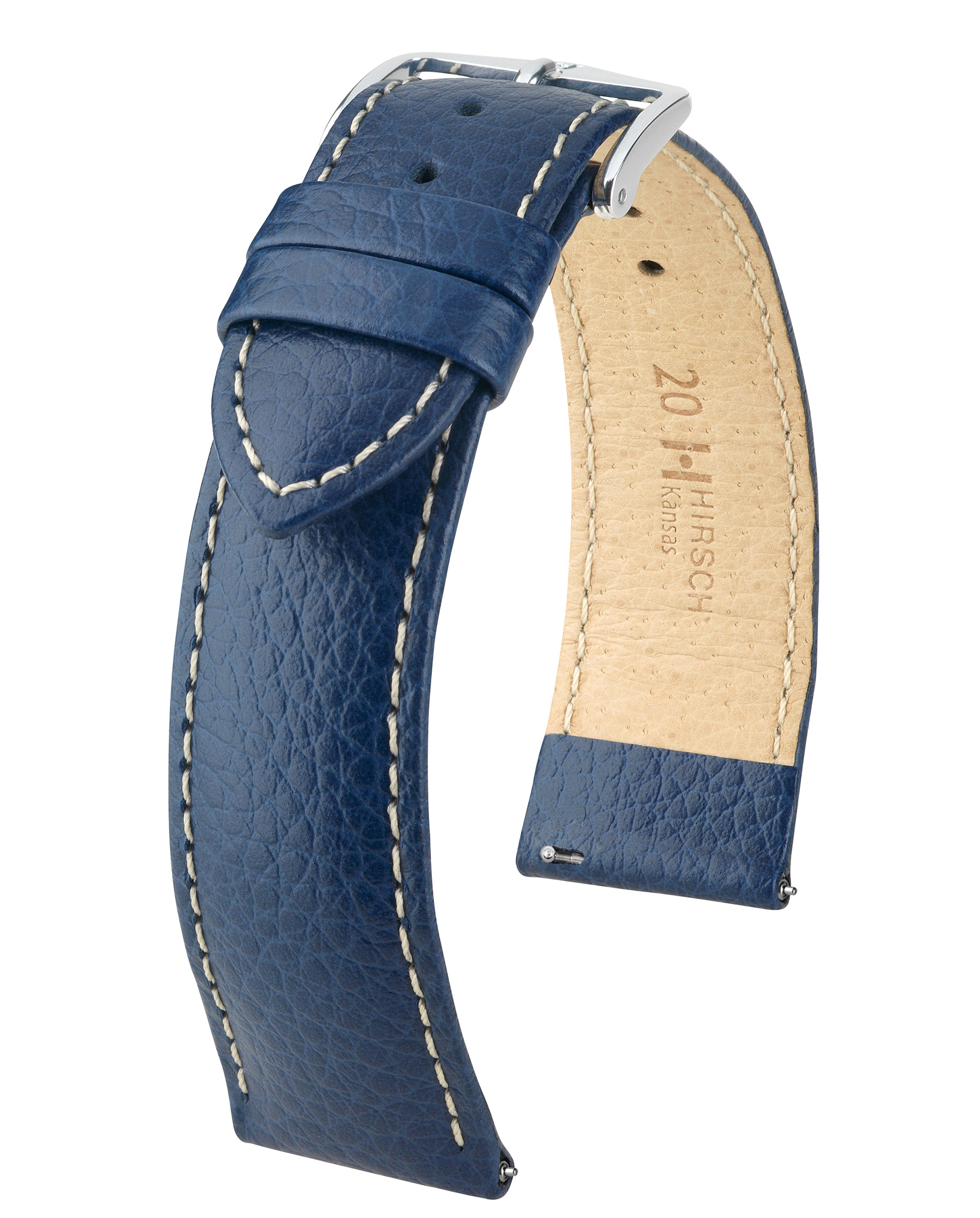 Blaues Leder-Uhrenarmband mit weißen Nähten. Silberne Schnalle. Beige Innenseite.