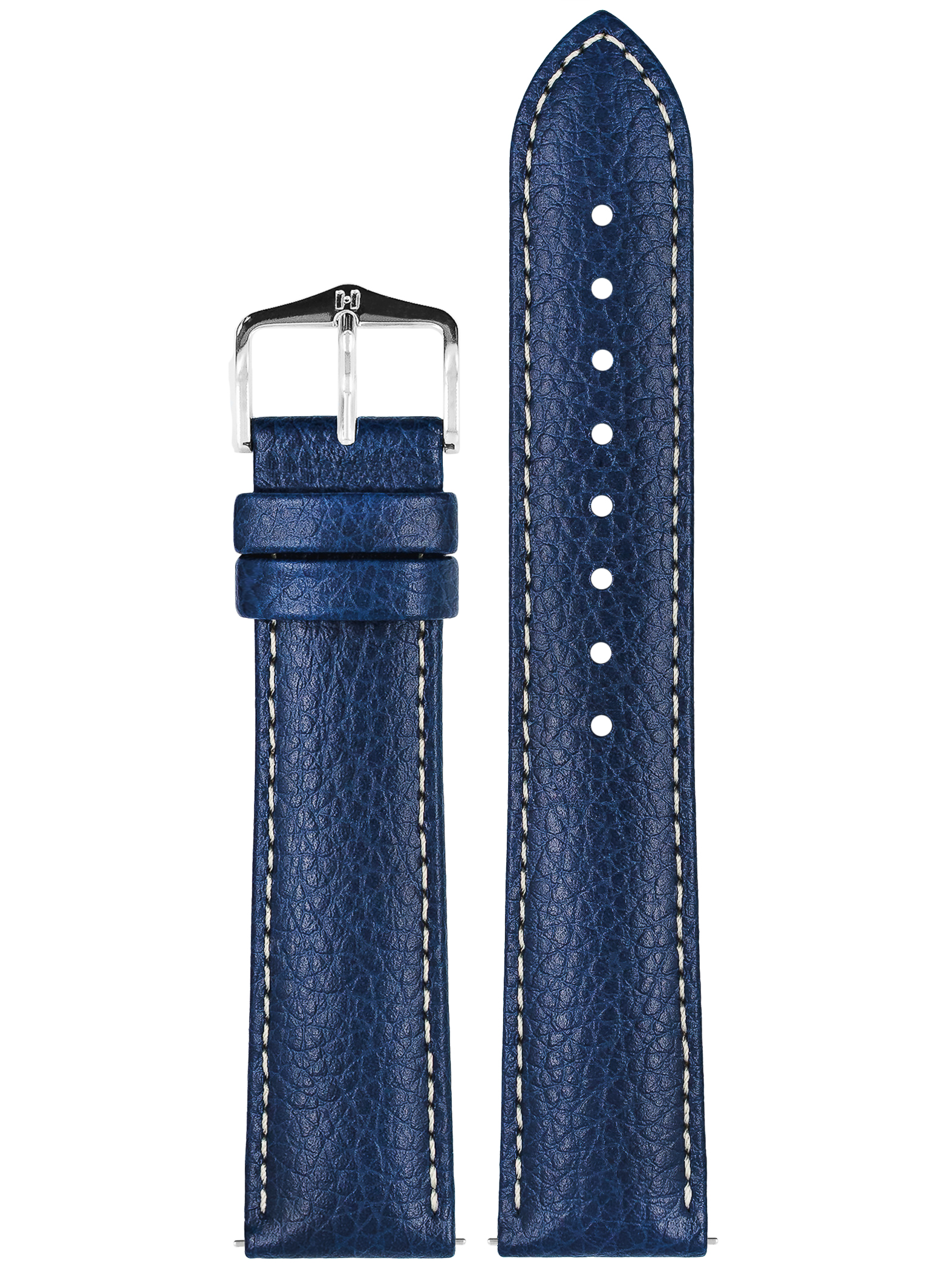 Blaues Leder-Uhrenarmband mit weißen Nähten. Silberne Schnalle. Zweiteilig. Strukturiertes Leder.
