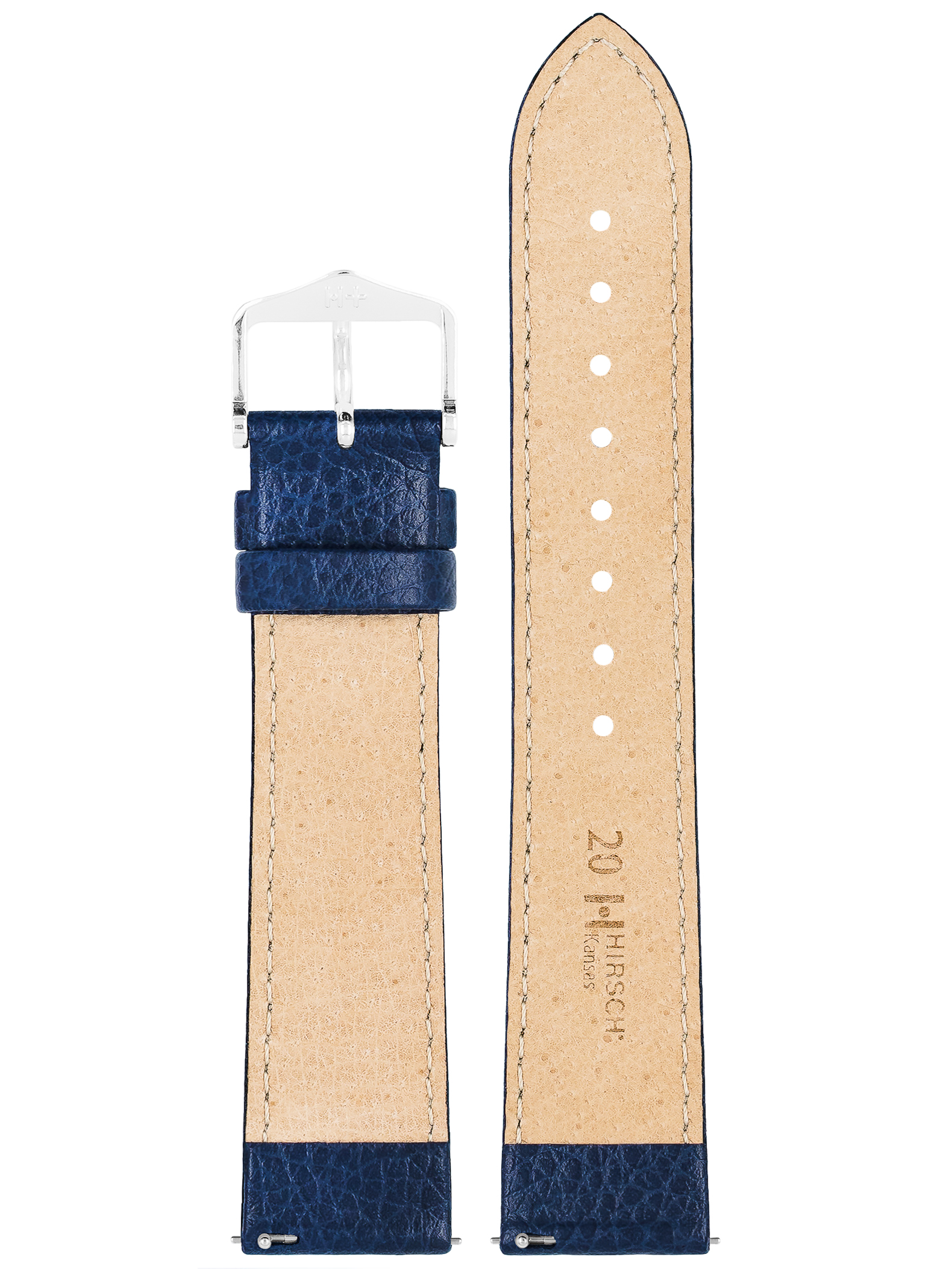 Blaues Leder-Uhrenarmband mit silberner Schnalle. Zweiteilig. Beige Innenseite. Strukturiertes Leder.