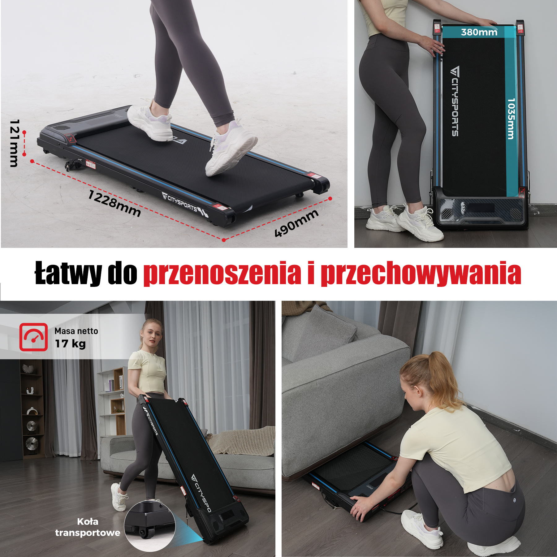 Kobieta używa bieżni. Bieżnia jest czarna z logo CITYSPORTS. Pokazano wymiary. Tekst mówi 'łatwy do przenoszenia'.