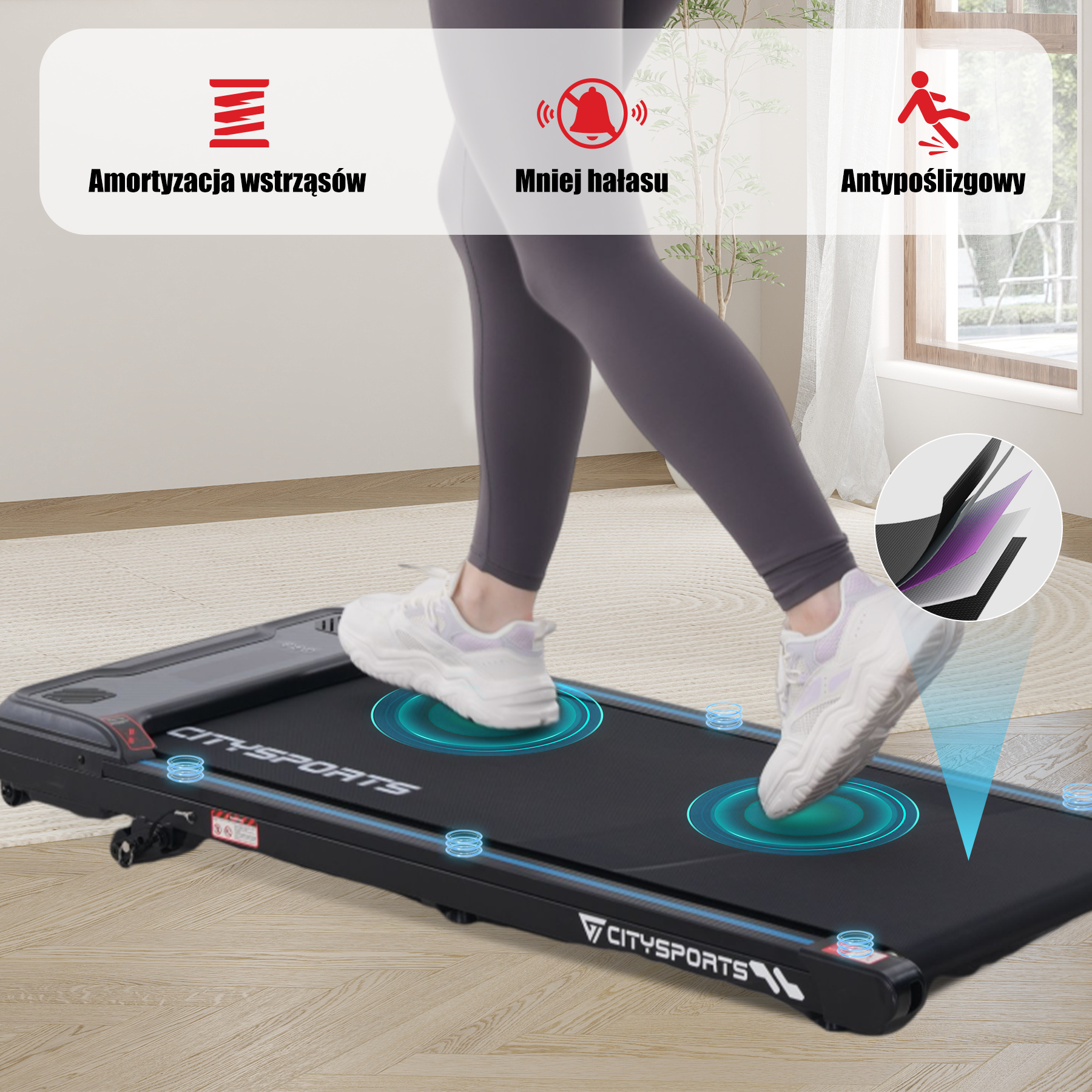 Osoba chodzi po czarnej bieżni z logo CITYSPORTS. Ikony pokazują amortyzację, mniejszy hałas i właściwości antypoślizgowe.