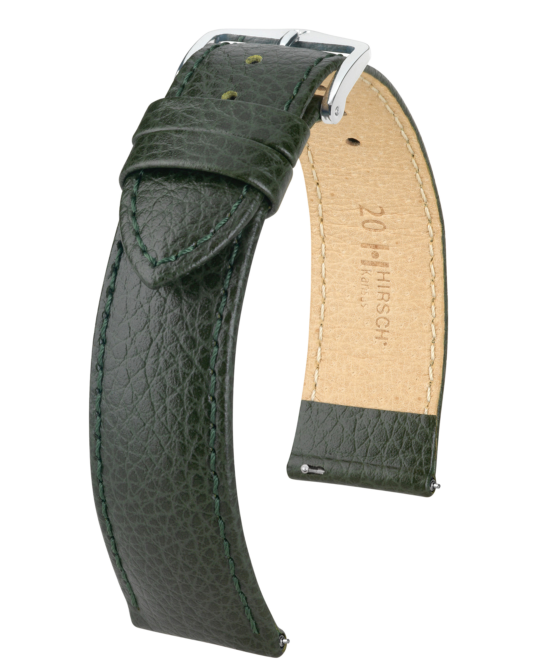 Dunkelgrünes Leder-Uhrenarmband. Silberne Schnalle. Beige Innenseite. Strukturiertes Leder.