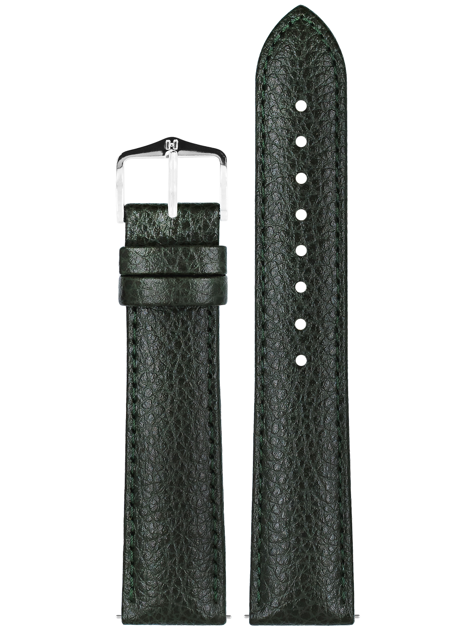 Grünes Leder-Uhrenarmband mit silberner Schnalle. Zweiteilig. Strukturiertes Leder. Gerades Design.