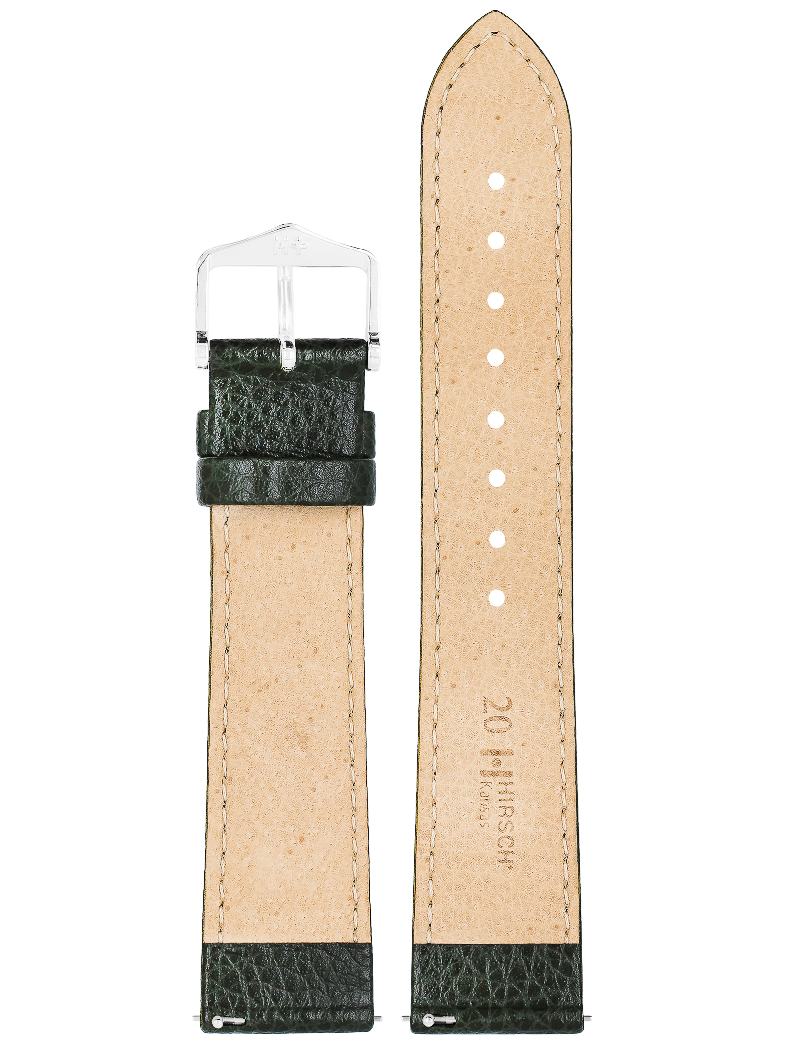 Dunkelgrünes Uhrenarmband mit silberner Schnalle. Beiges Innere mit Hirsch-Branding. Weißer Hintergrund.