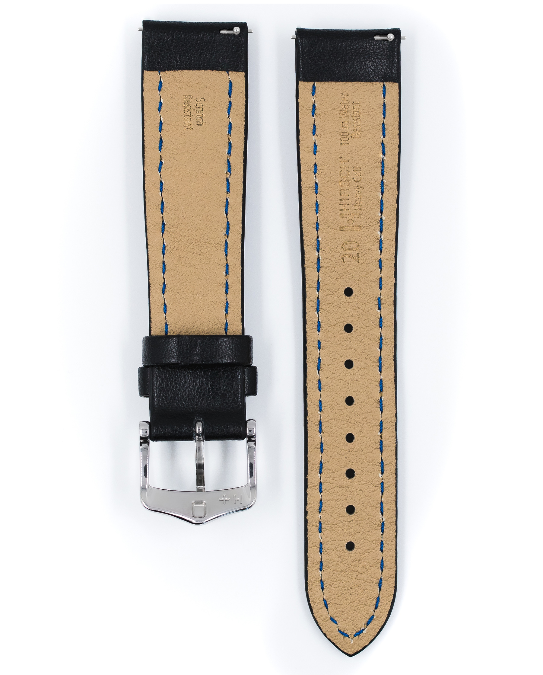 Schwarzes Uhrenarmband mit blauen Nähten und silberner Schnalle. Beiges Innenfutter. Weißer Hintergrund.