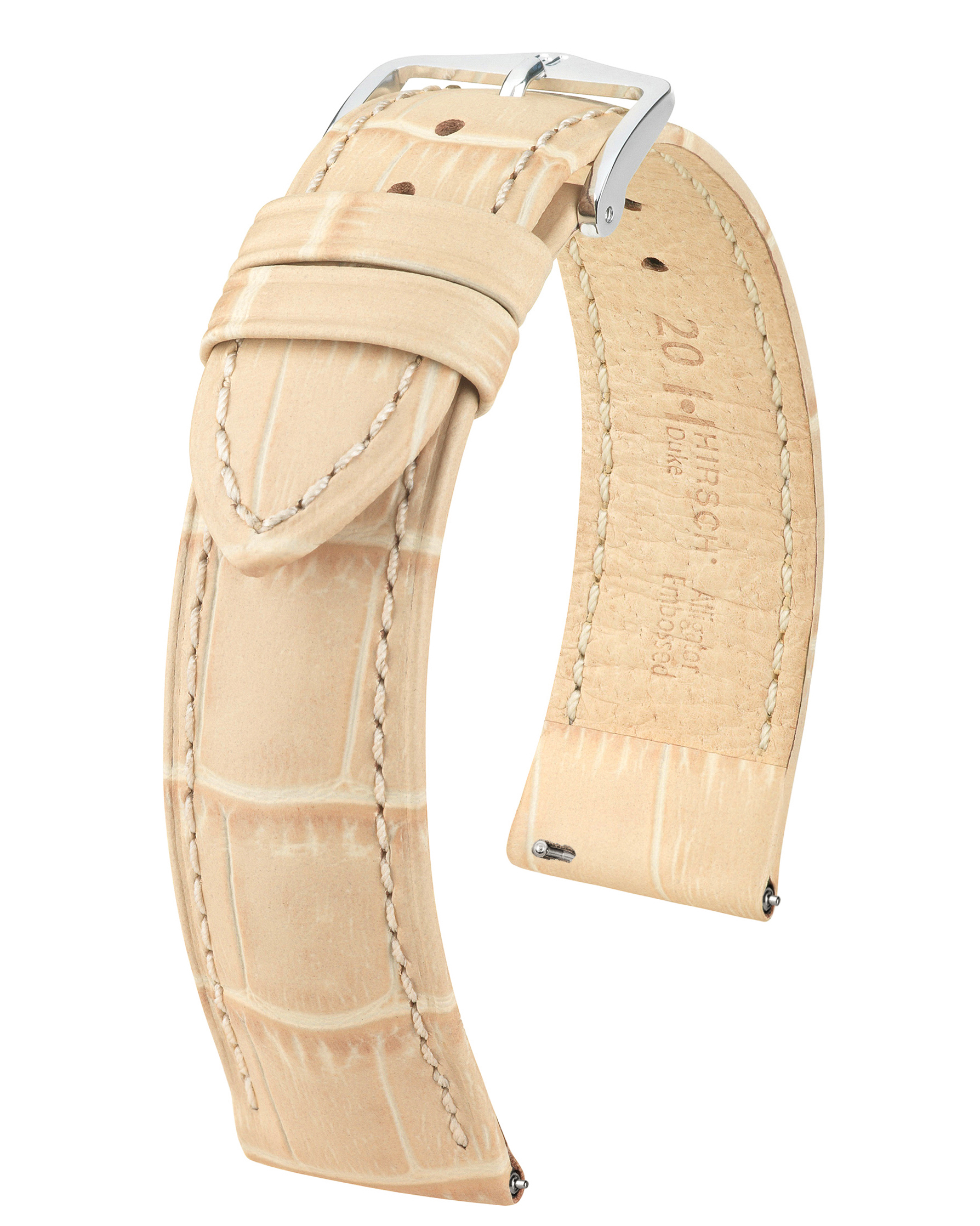 Beiges, geprägtes Alligator-Uhrenarmband mit silberner Schnalle. Weißer Hintergrund. Hirsch-Branding sichtbar.