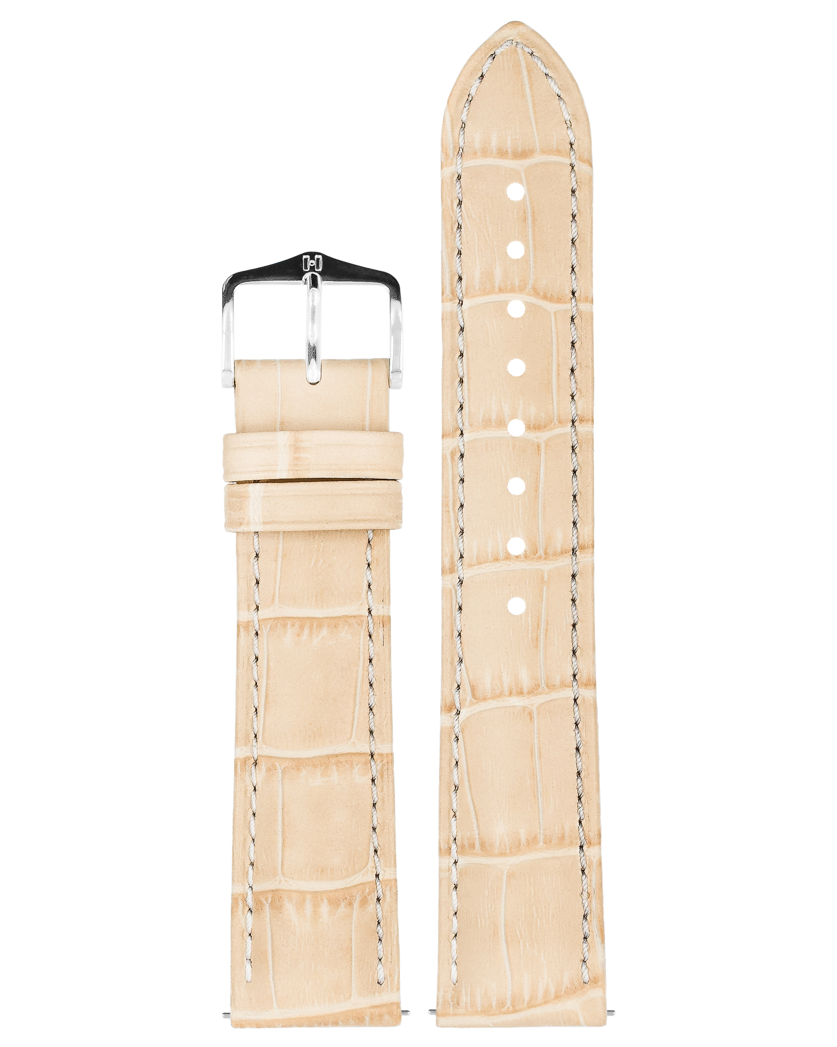 Beiges Uhrenarmband mit weißen Nähten, silberner Schnalle. Krokodilmuster. Weißer Hintergrund.