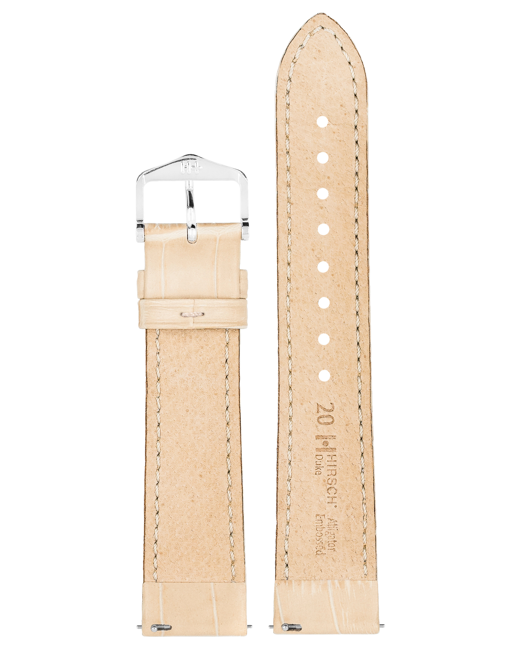 Beiges Uhrenarmband mit silberner Schnalle. Krokodilmuster. Weißer Hintergrund. Hirsch Branding sichtbar.