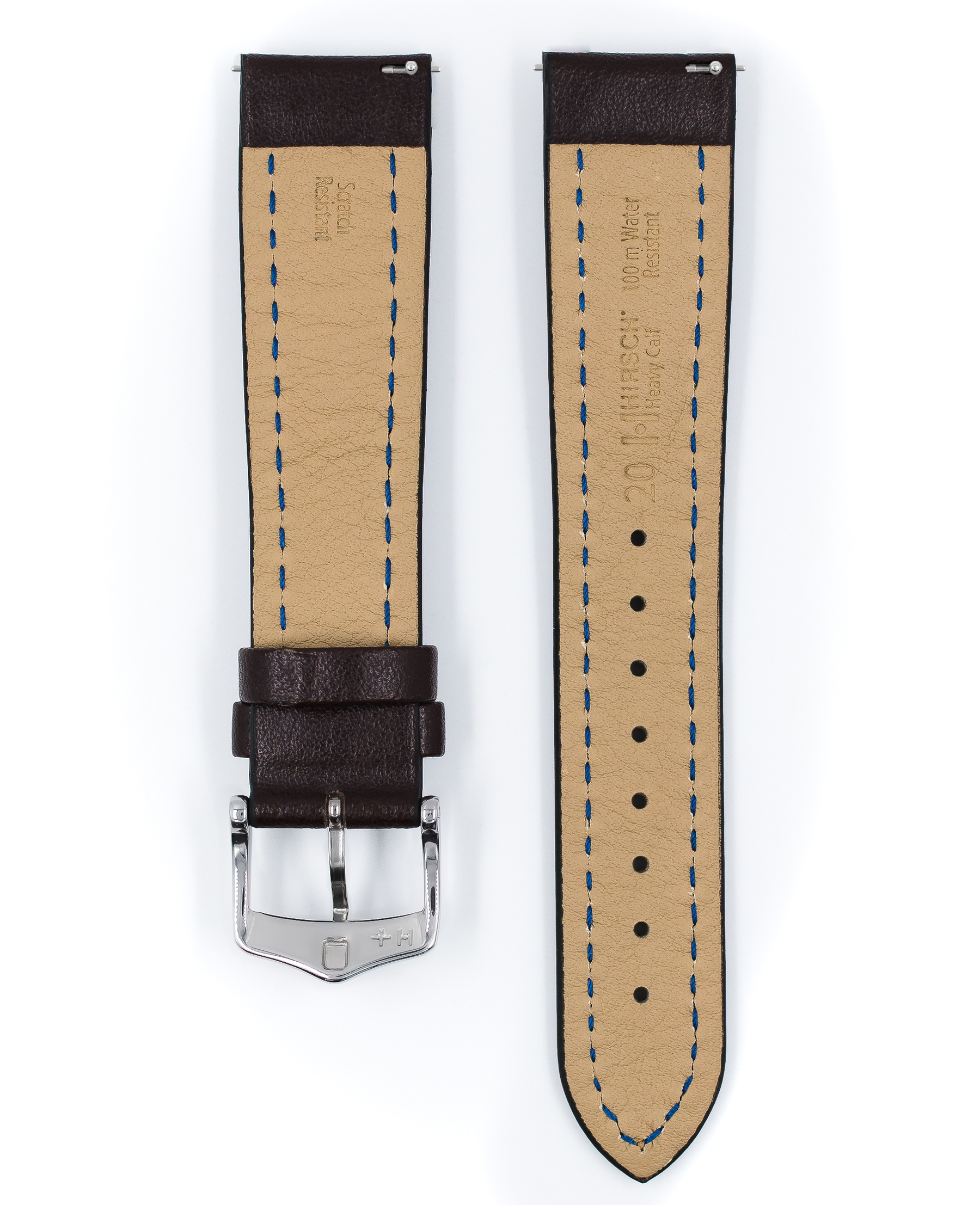 Dunkelbraunes Uhrenarmband mit blauen Nähten, silberner Schnalle. Beige Innenseite. Weißer Hintergrund.