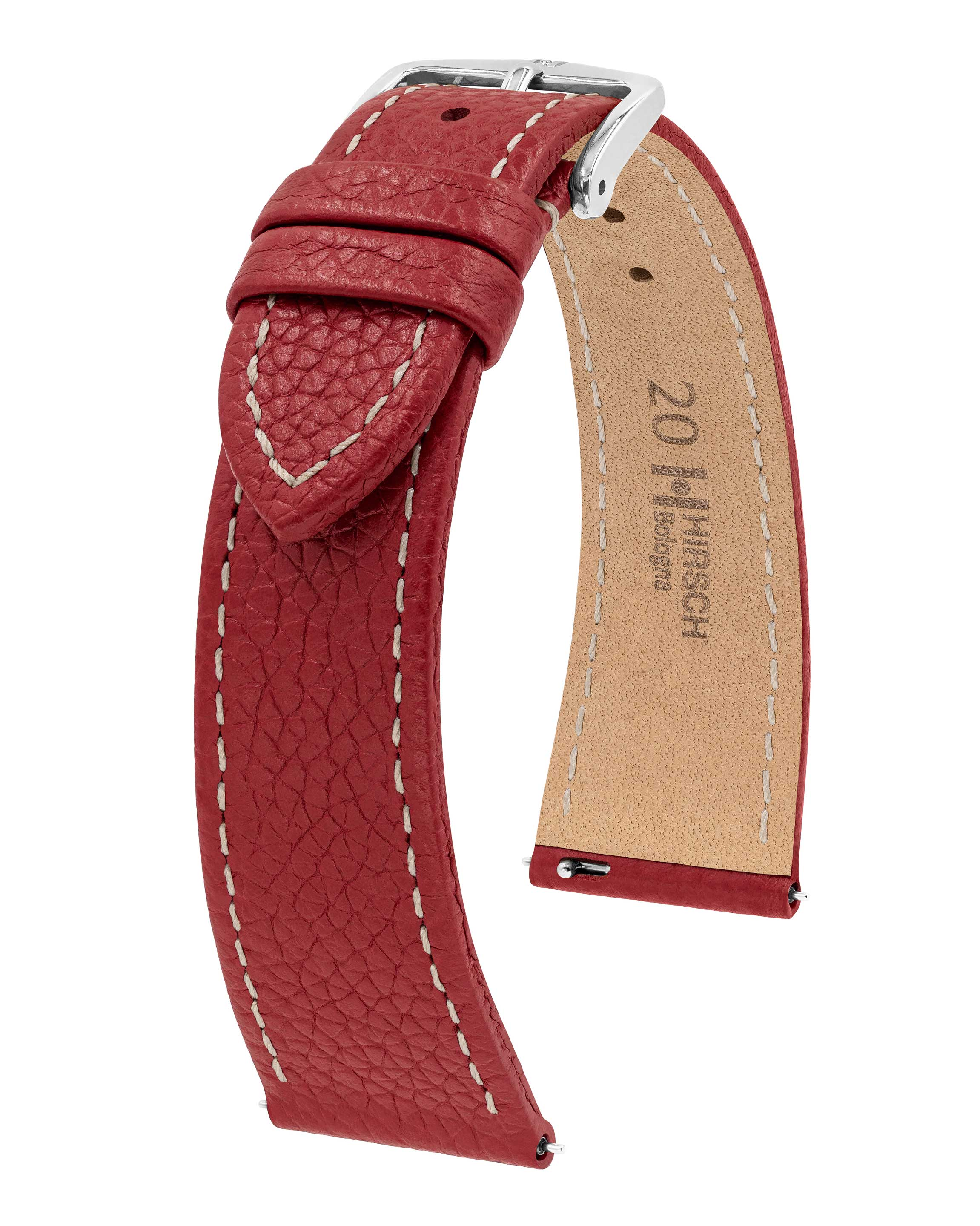 Rotes Uhrenarmband mit weißen Nähten, silberner Schnalle. Strukturierte Oberfläche. Weißer Hintergrund.