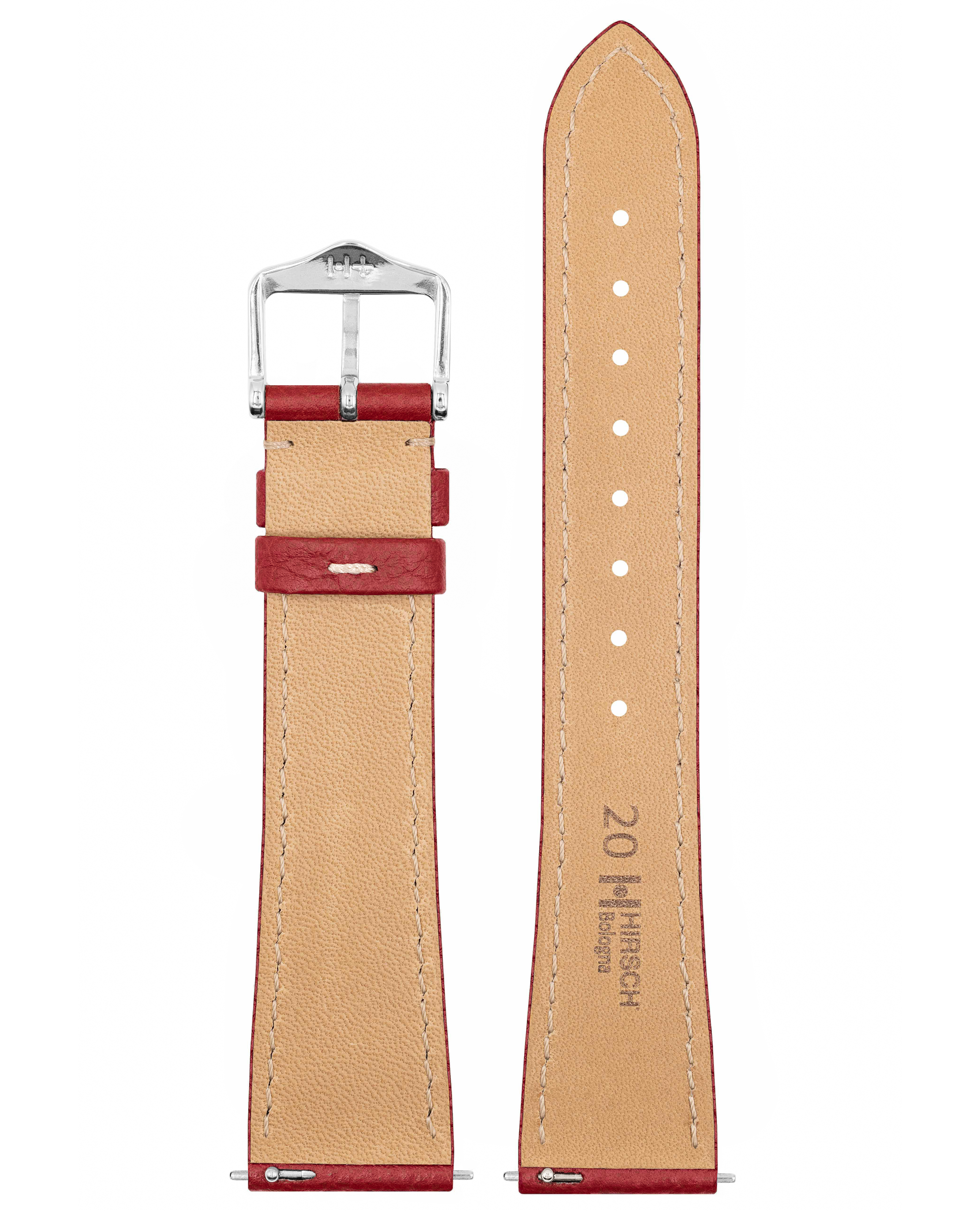 Rotes Uhrenarmband mit silberner Schnalle. Beiges Innenfutter. Weißer Hintergrund. Hirsch-Branding sichtbar.