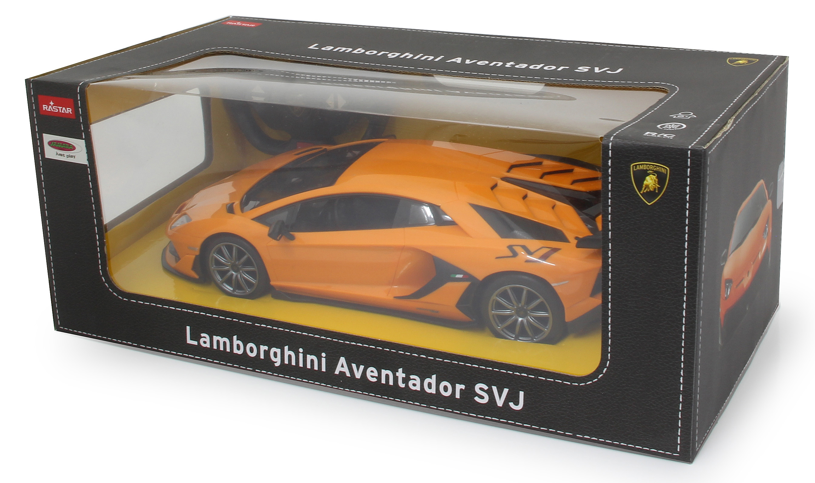 Un Lamborghini Aventador SVJ de juguete en una caja. El coche es naranja, la caja negra con el logo de Lamborghini.