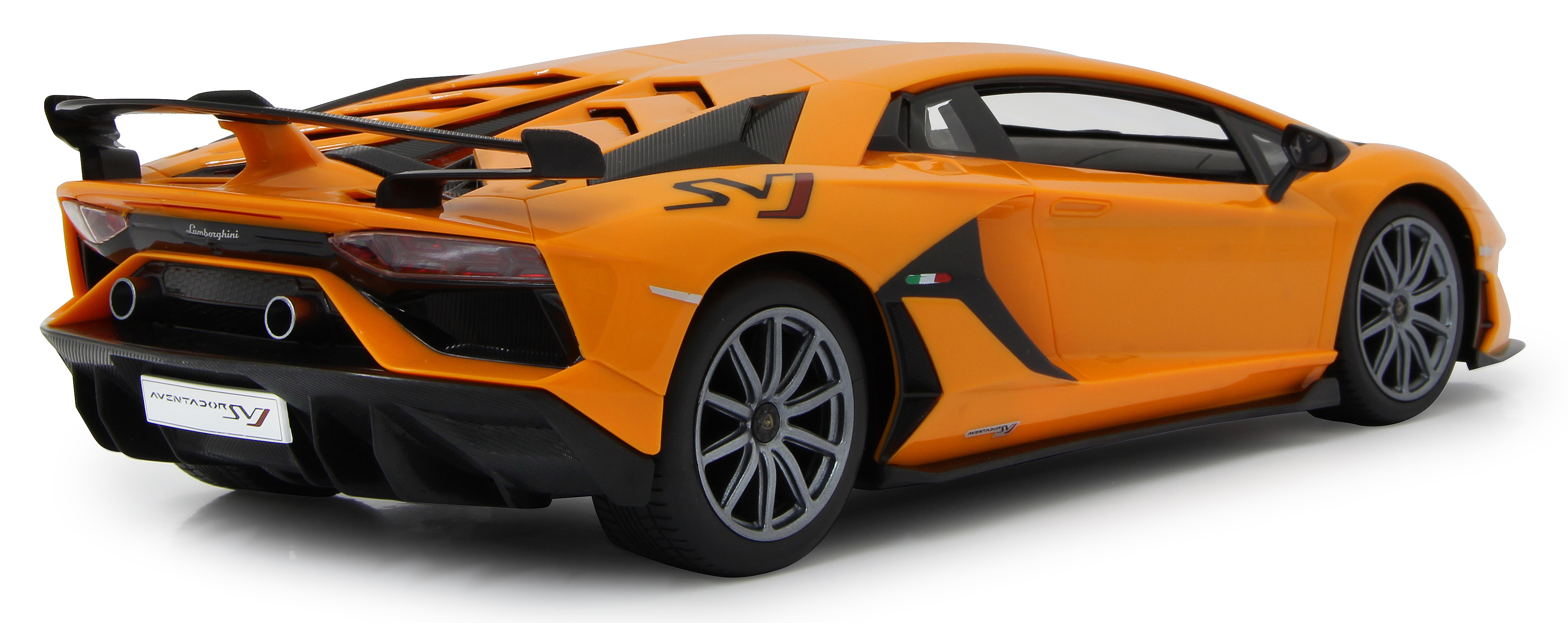 Un modelo de coche Lamborghini Aventador SVJ naranja. La vista trasera muestra el alerón, las luces y las marcas SVJ.