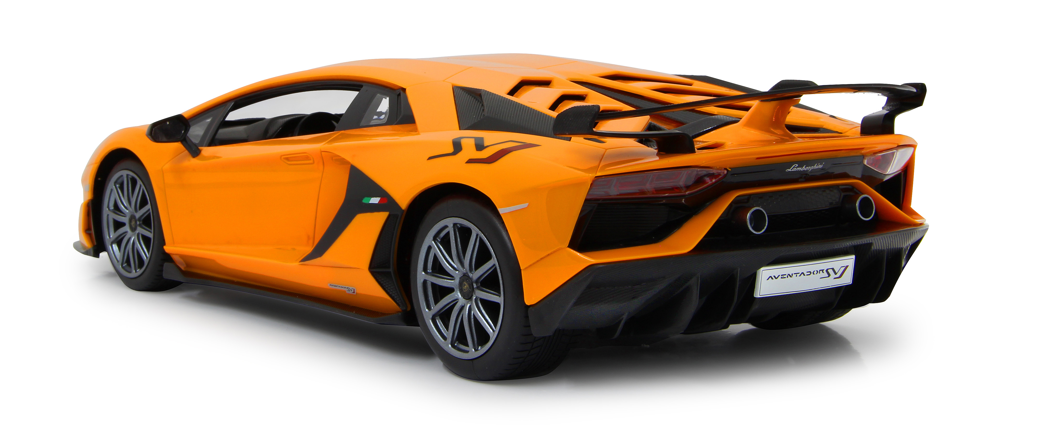 Un modelo de coche Lamborghini Aventador SVJ naranja. Muestra las vistas trasera y lateral sobre un fondo blanco.