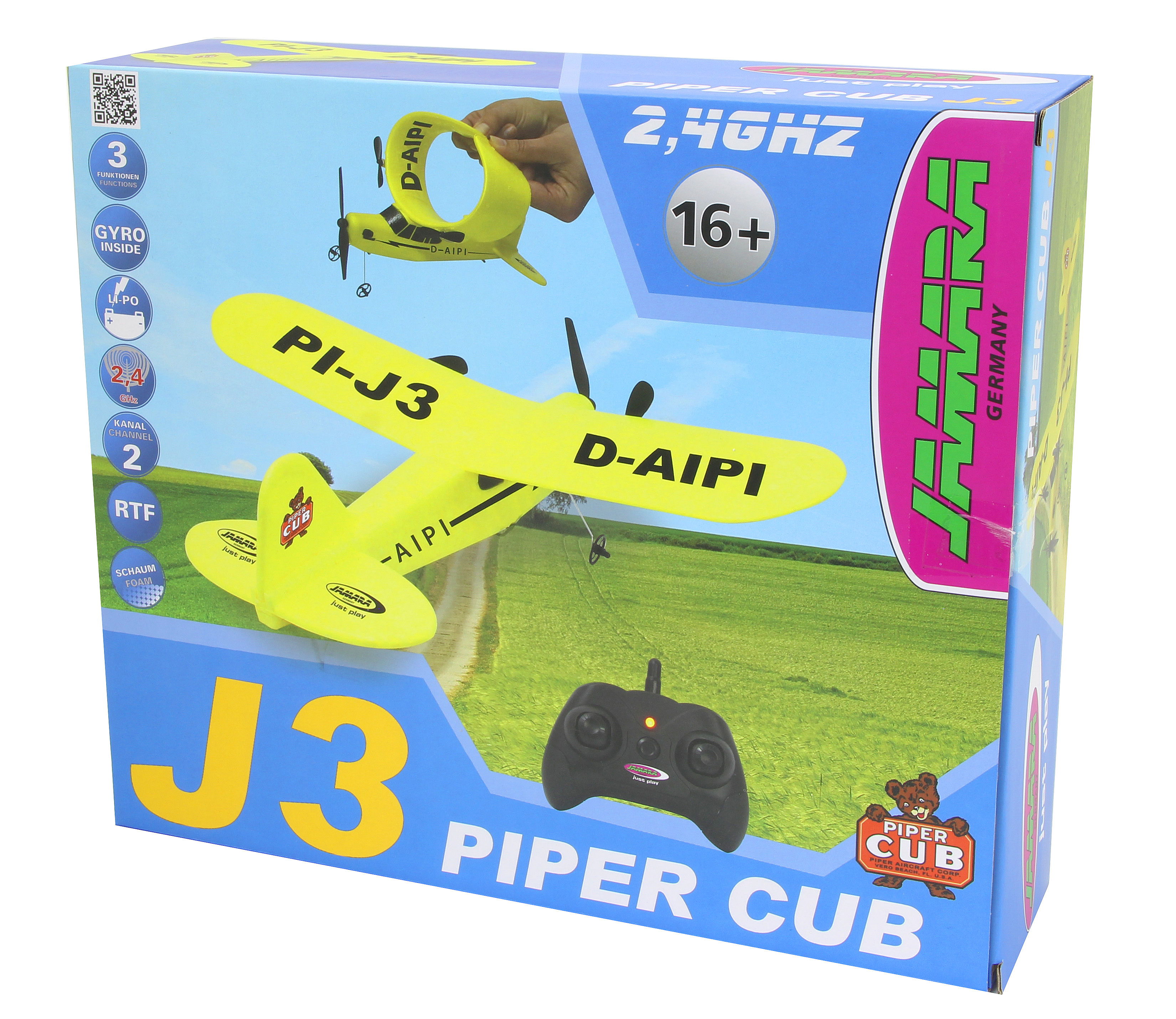 Verpacktes gelbes Piper Cub Modellflugzeug. Die Schachtel zeigt das Flugzeug und eine Hand, die ein kleineres Modell hält.