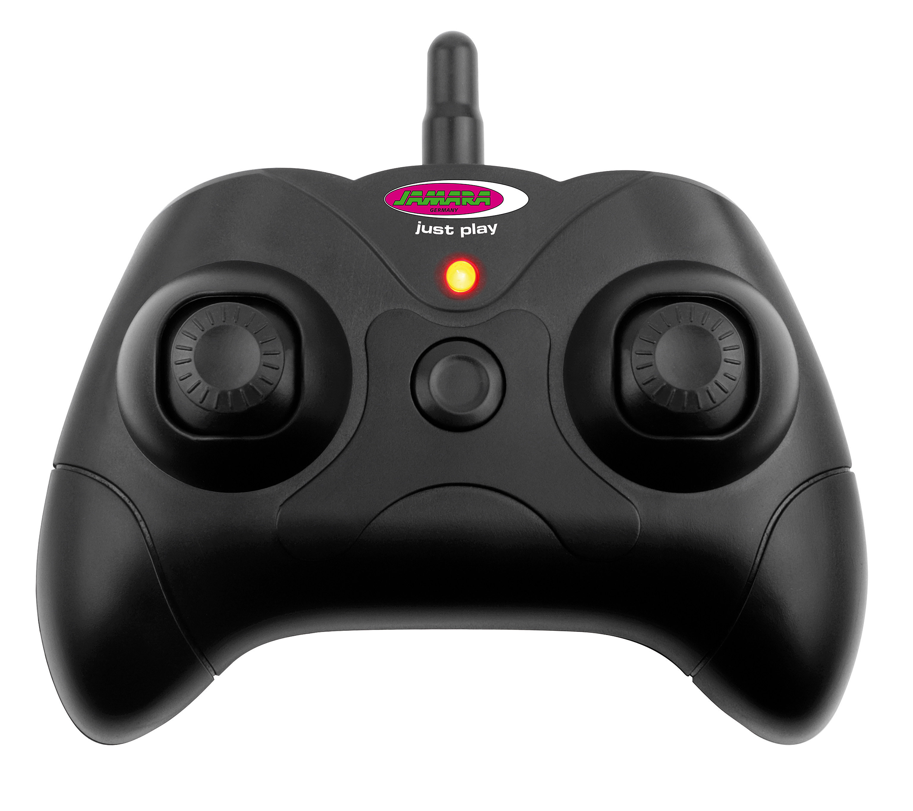 Schwarze Fernbedienung mit zwei Joysticks, einem roten Licht und dem Text "JAMARA" in Grün.