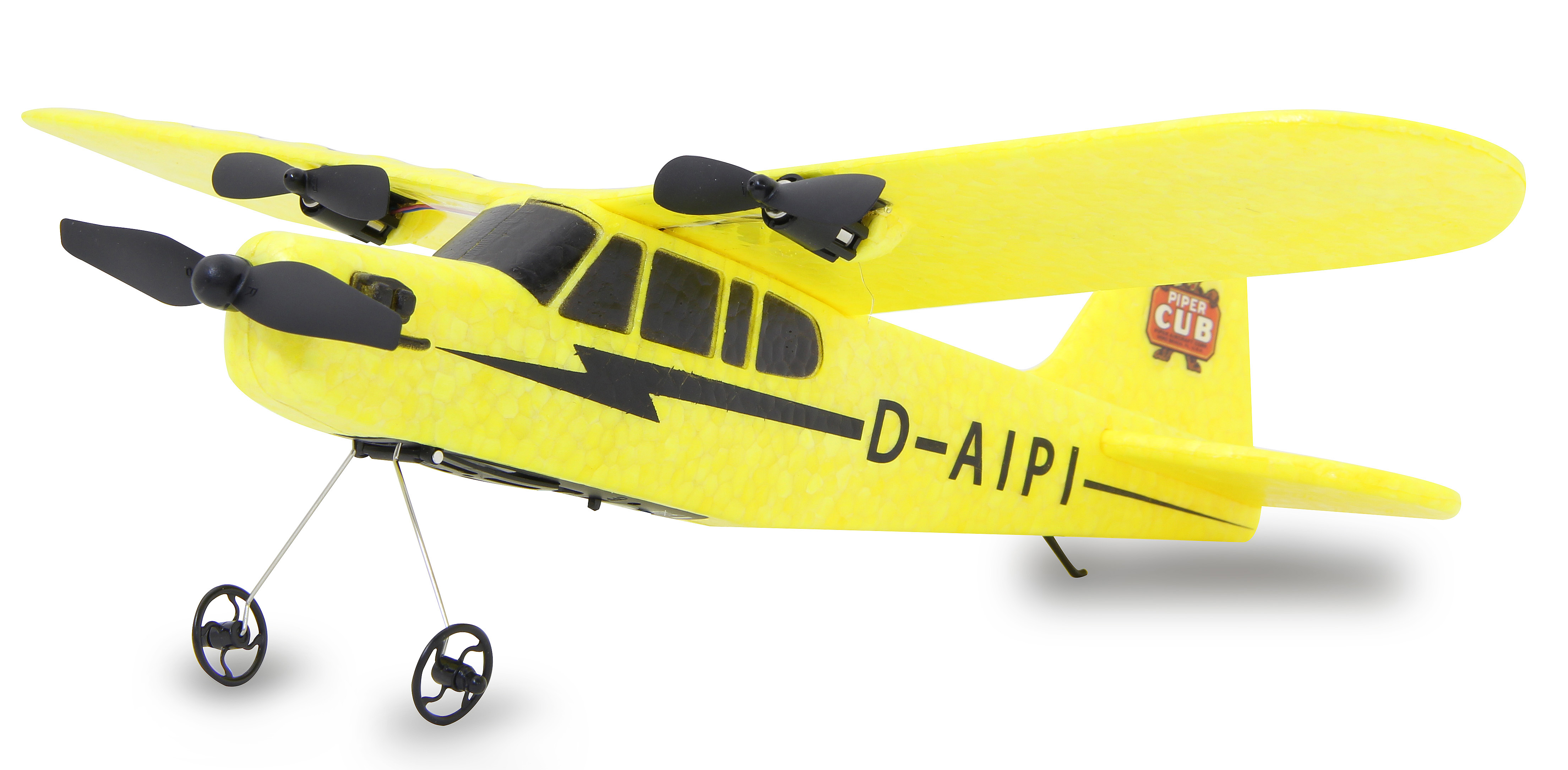 Gelbes Piper Cub Modellflugzeug mit schwarzen Propellern und dem Text "D-AIPI" an der Seite.