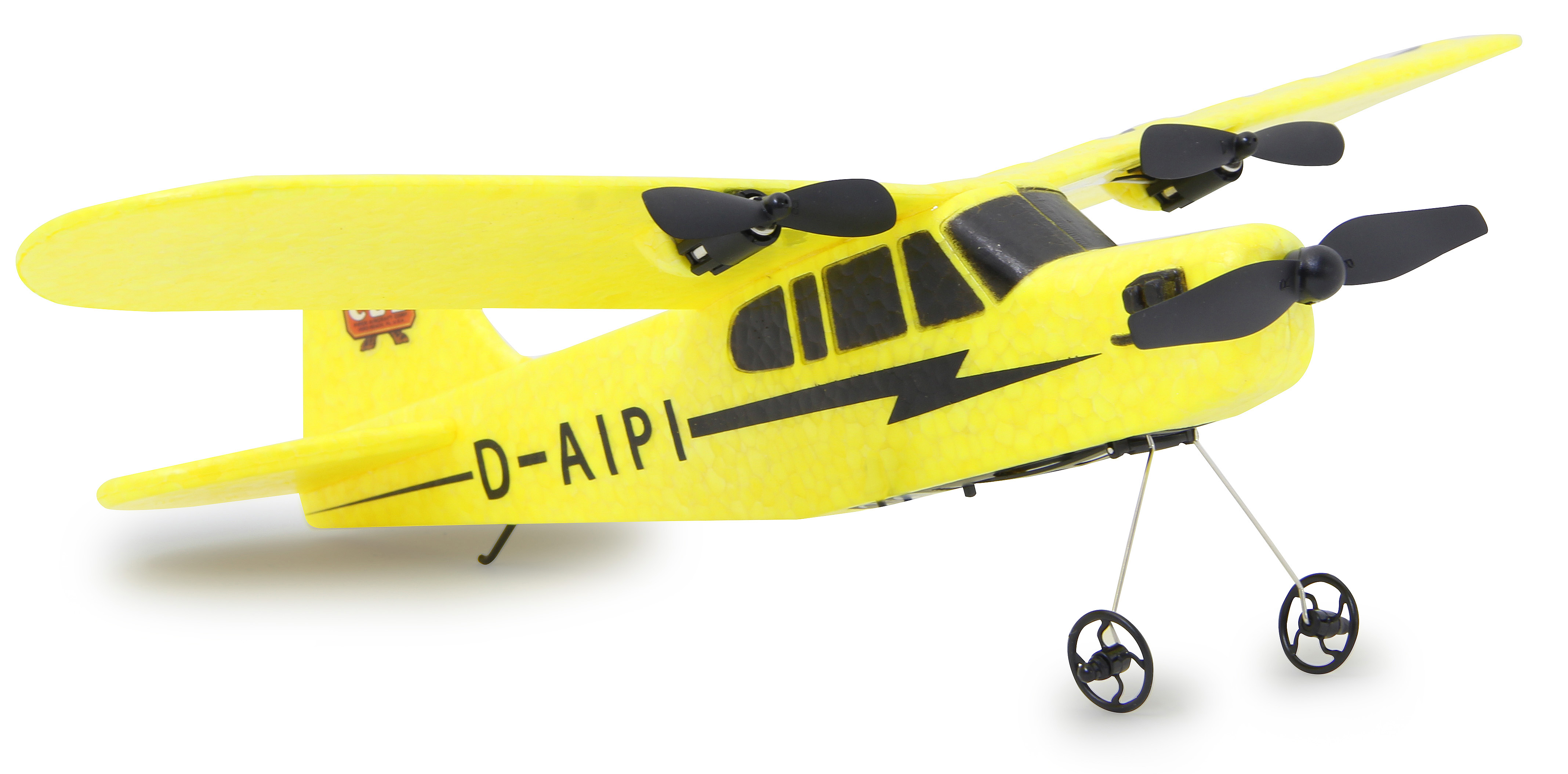 Gelbes Piper Cub Modellflugzeug mit schwarzen Propellern und dem Text "D-AIPI" an der Seite.