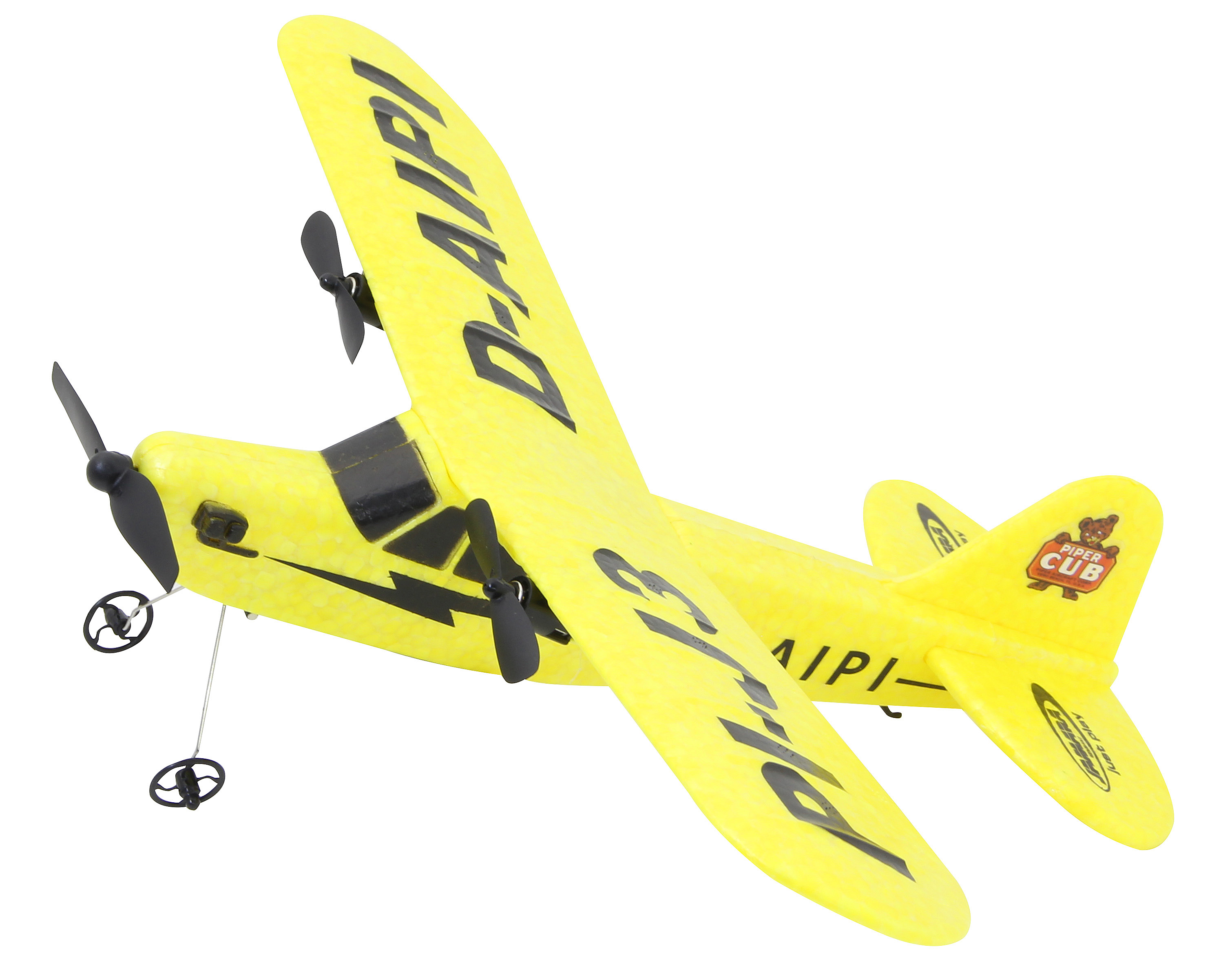 Gelbes Piper Cub Modellflugzeug mit schwarzen Propellern und dem Text "PI-J3 D-AIPI" auf den Flügeln.