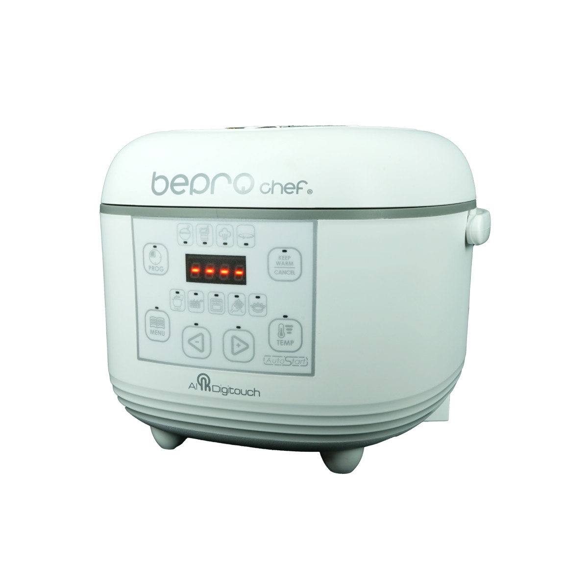 Olla arrocera blanca con pantalla digital y botones de función. La marca es 'bepro chef'. Aislada sobre blanco.