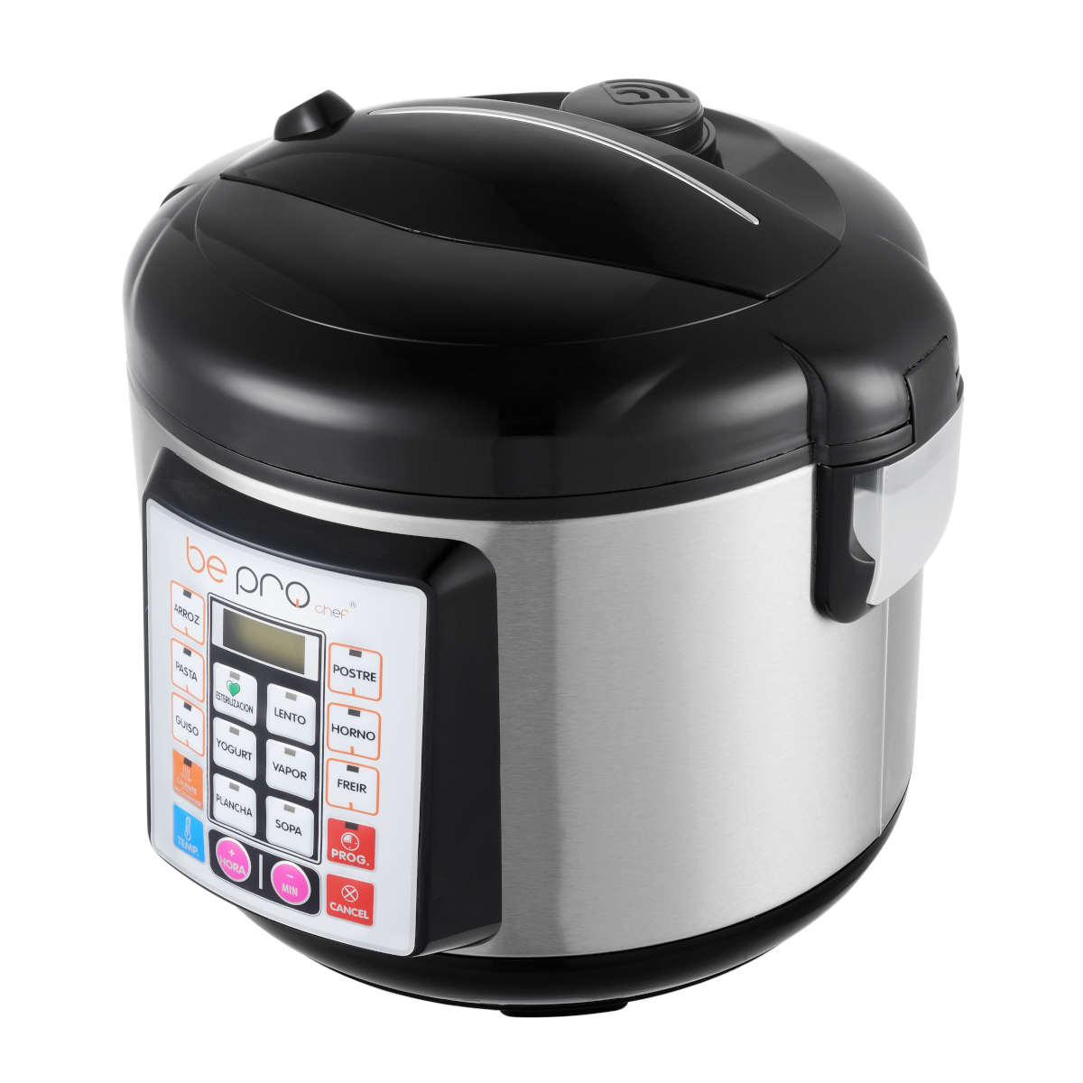 Olla arrocera con cuerpo de acero inoxidable y tapa negra. Tiene una pantalla digital y botones. La marca es 'be pro chef'.
