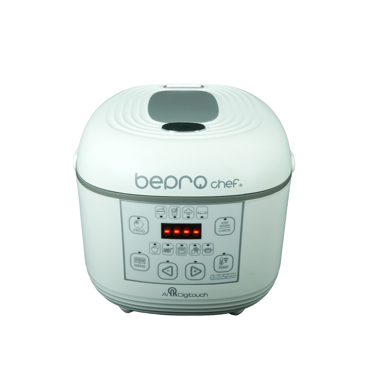 Olla arrocera blanca con pantalla digital y botones de función. La marca es 'bepro chef'. Aislada sobre blanco.
